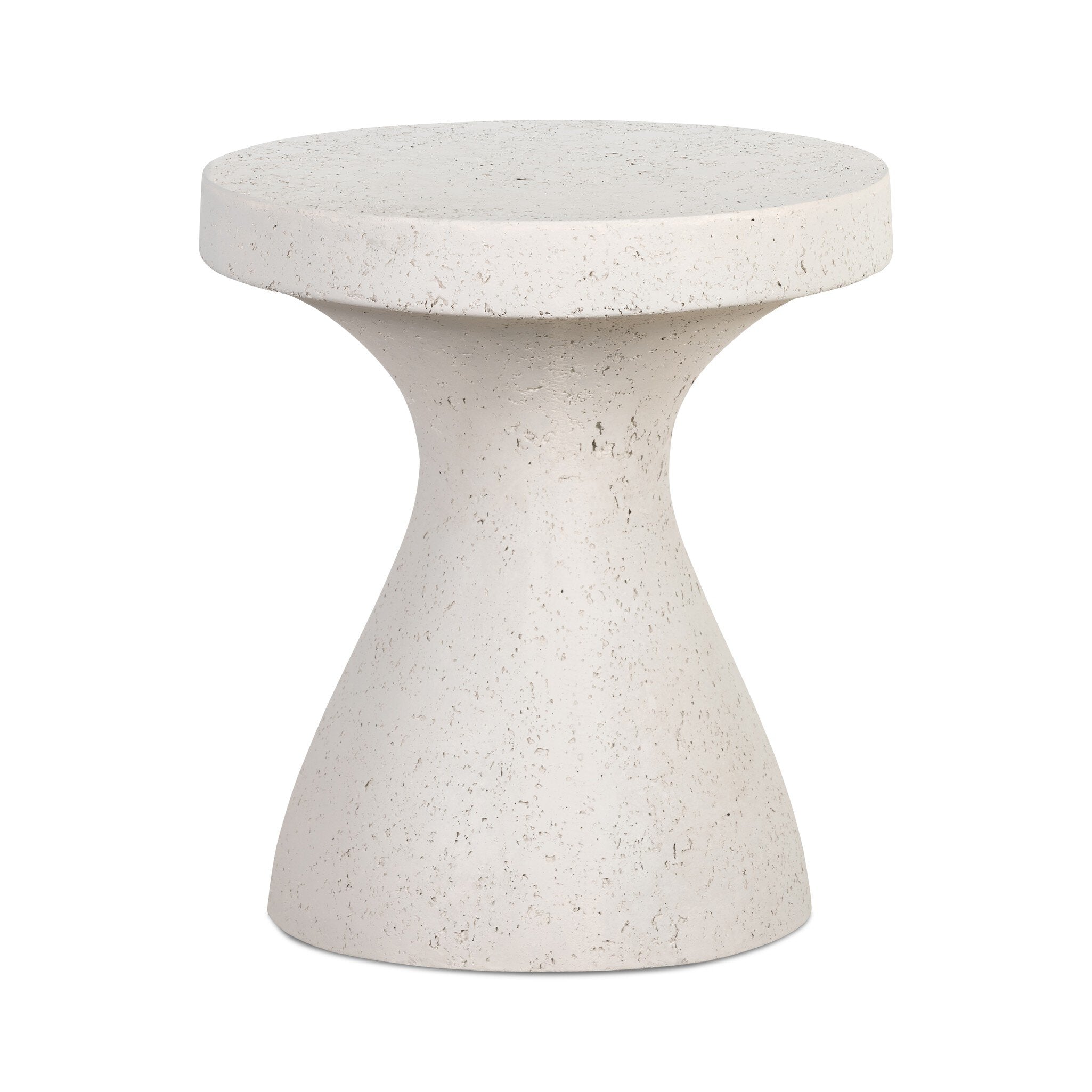 Concrete end table with a hourglass style base and a round top on a white background. | S.W. Home