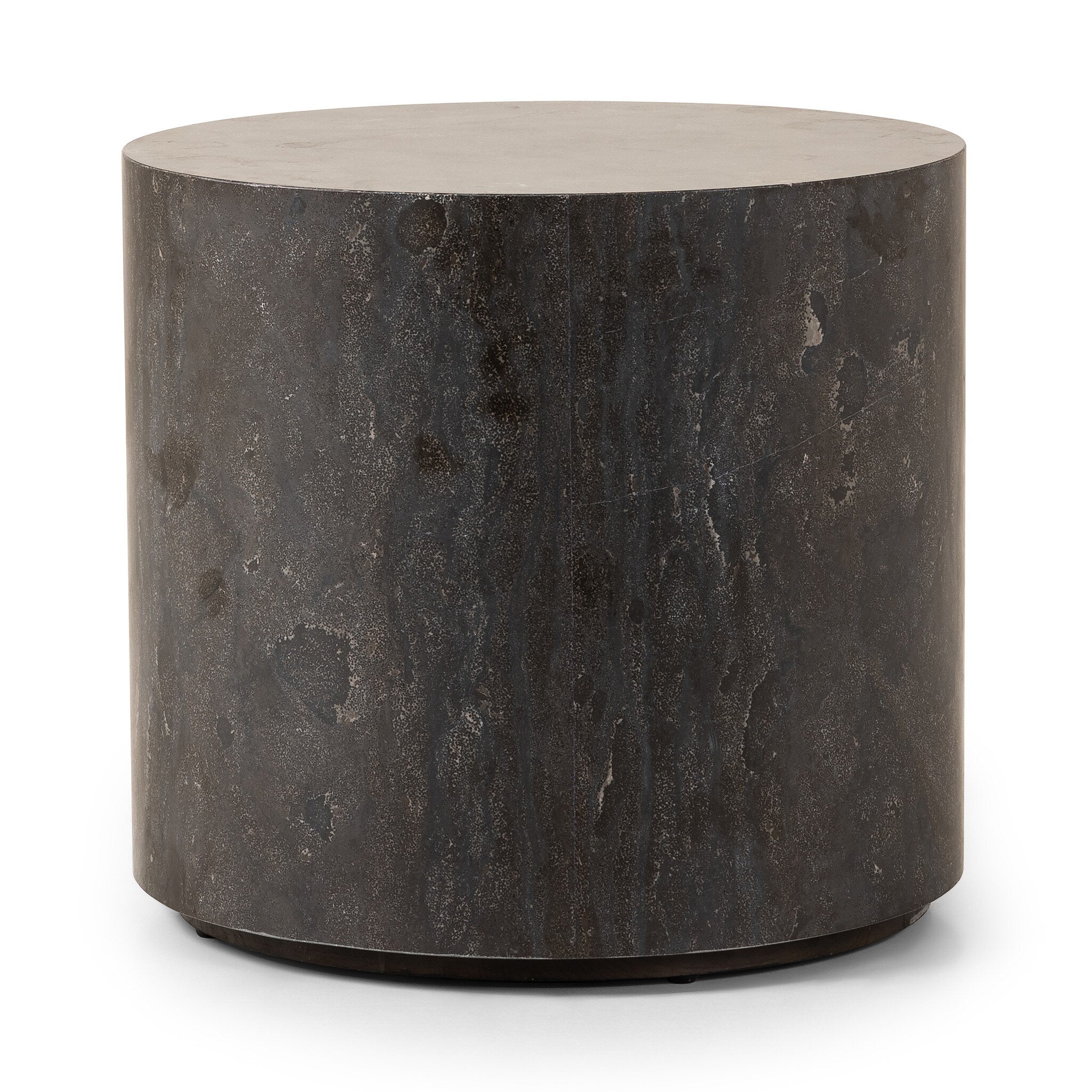 Cylinder-shaped bluestone end table with a textured surface on a white background. | S.W. Home