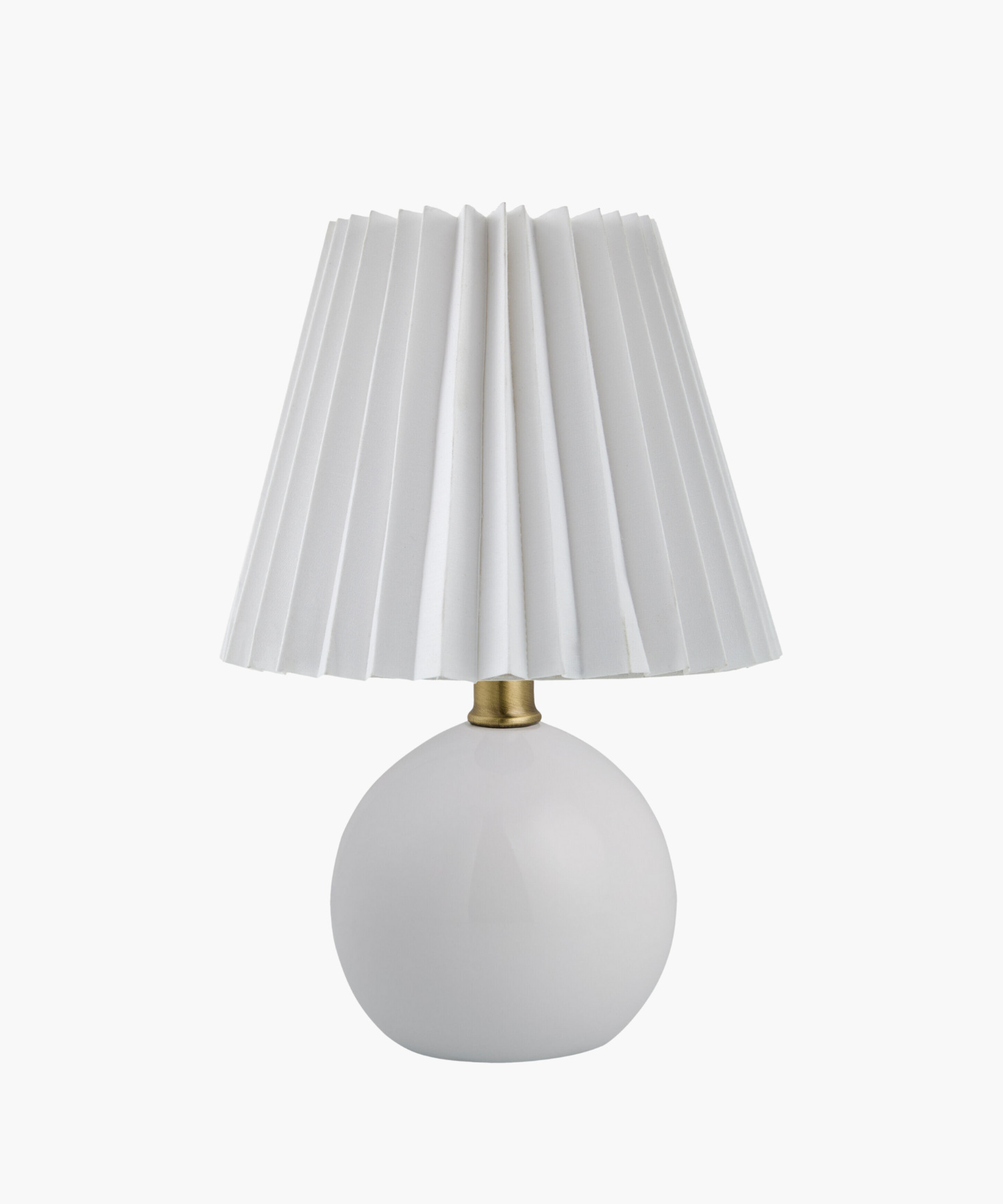 White table lamp with a rounded ceramic base and pleated fabric shade, conveying a minimalist and elegant design. Gold accent at the neck. | S.W. Home