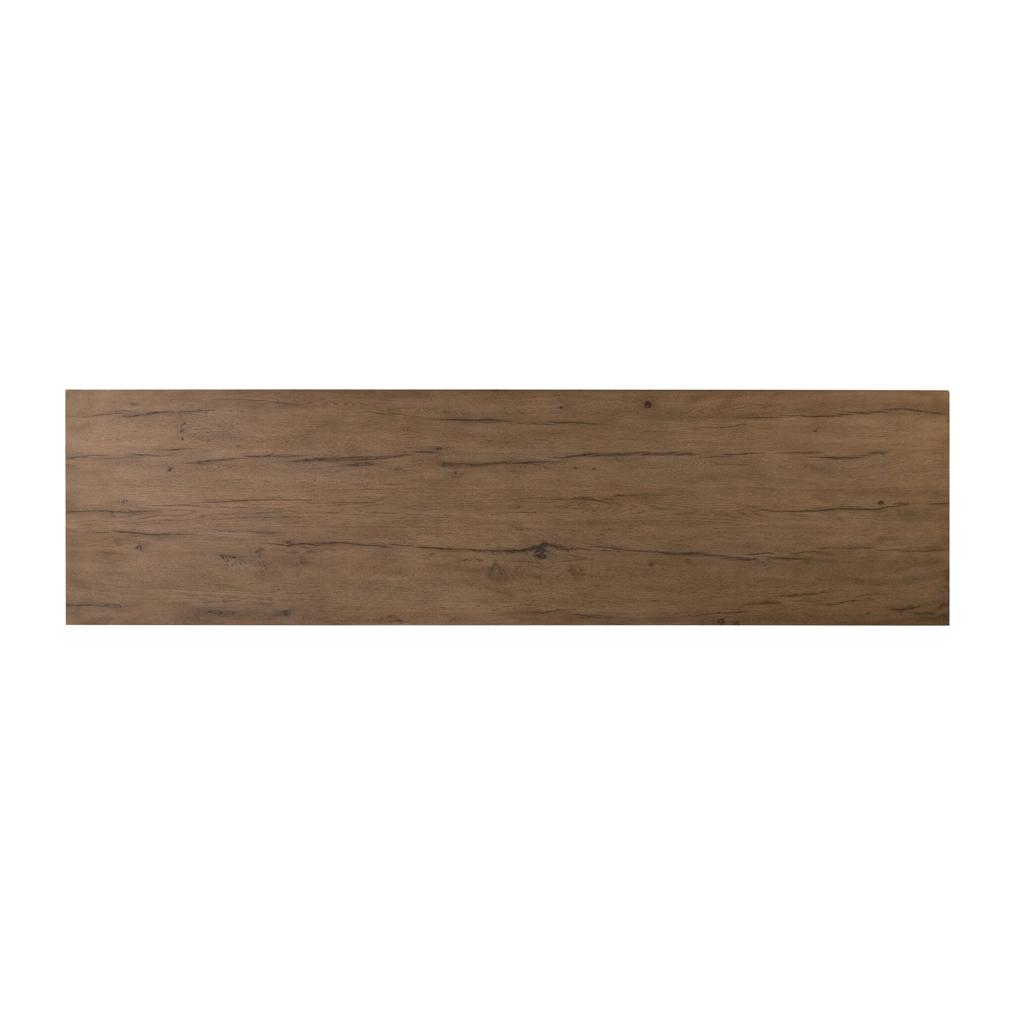 An overhead view of a wooden sideboard with vertical reeding on a white background.