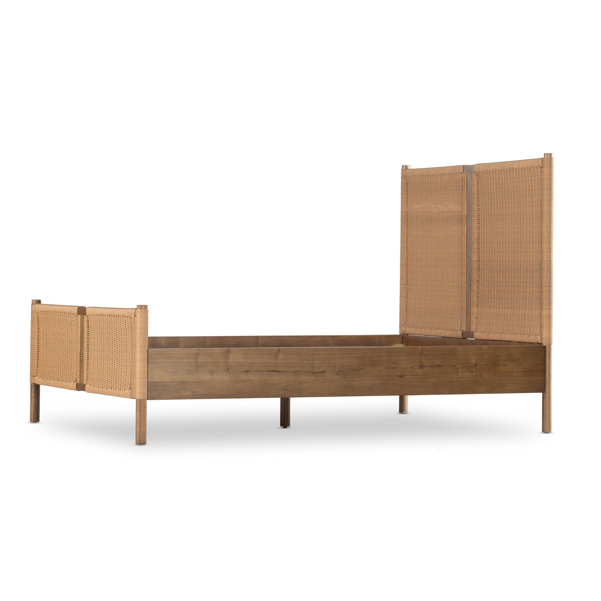 Wicker bed with woven headboard and footboard on a white background.
