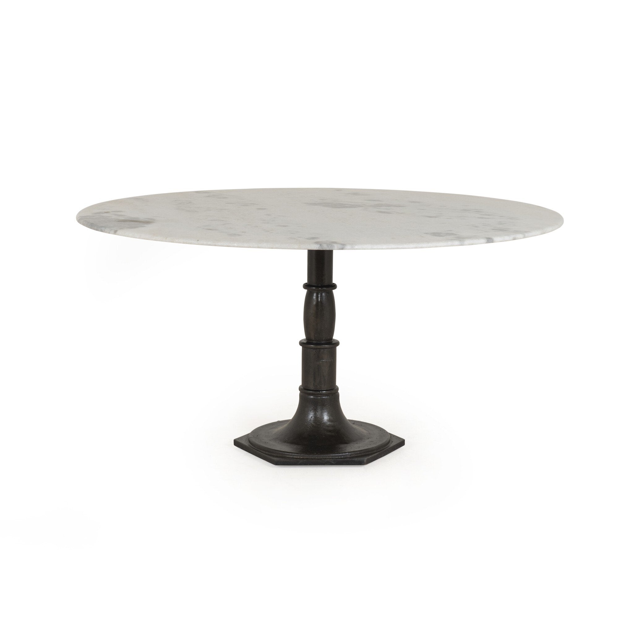 Round marble dining table with a black metal pedestal base on a white background. | S.W. Home