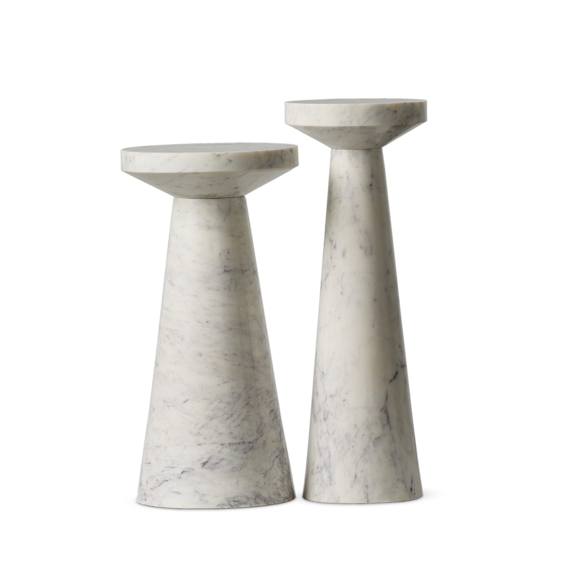 Two white marble nesting end tables with staggered heights on a white background. | S.W. Home