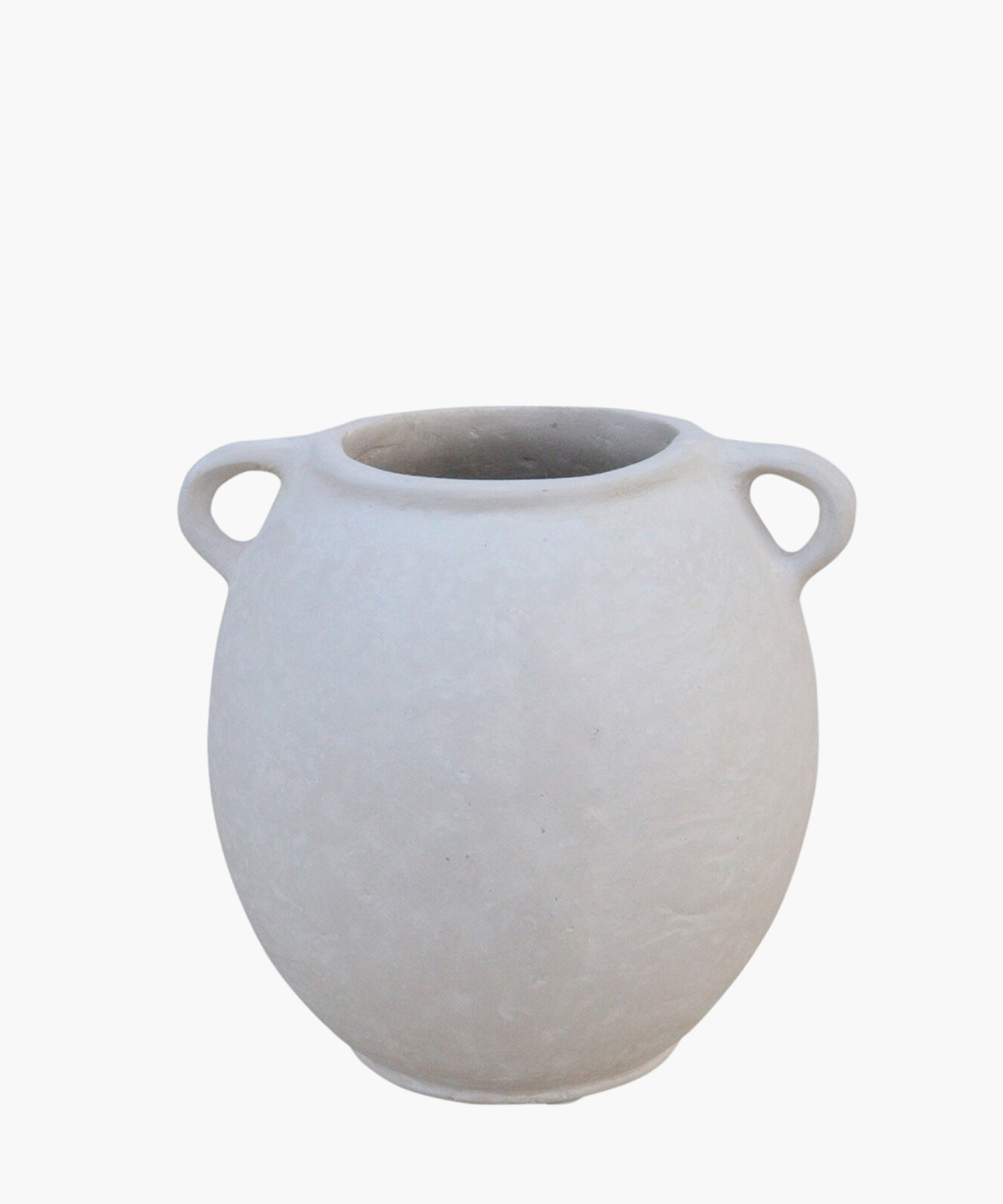 A simple, round, off-white clay vase with two small handles on each side. The smooth surface and muted tone convey an elegant, minimalist aesthetic. | S.W. Home
