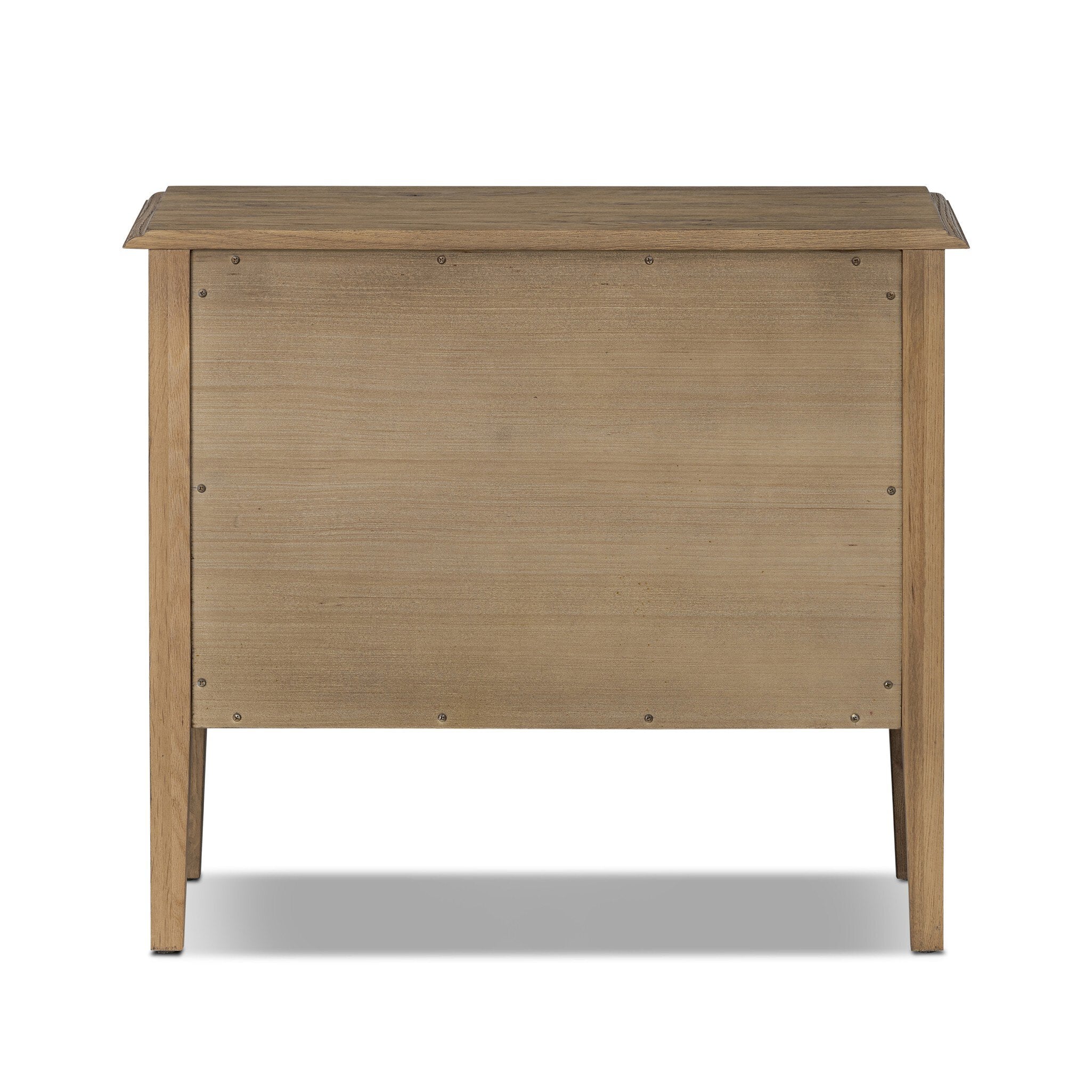 The back of a wooden nightstand with two drawers on a white background.