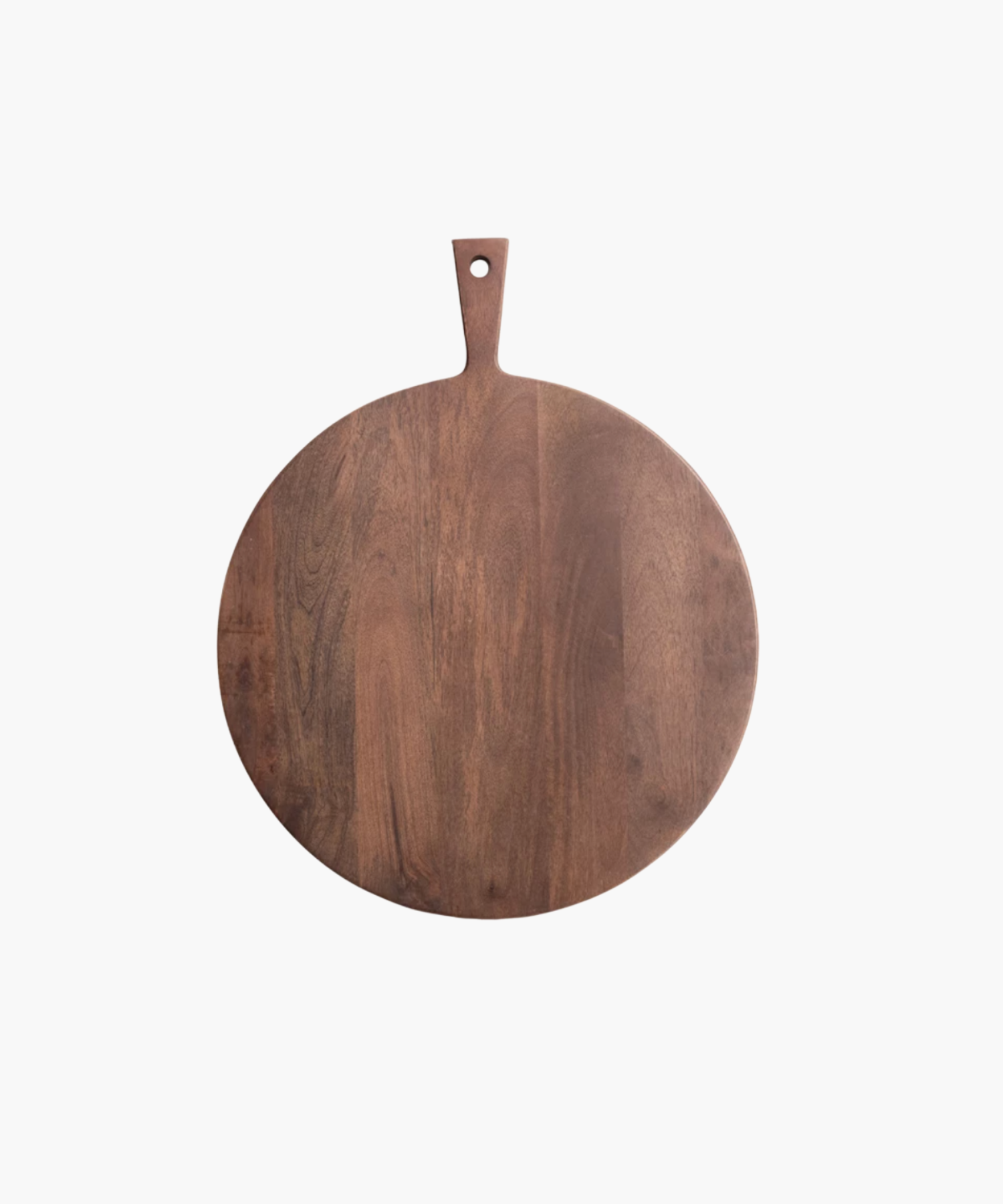Round wooden cutting board with a rich, dark brown finish. It has a smooth surface and a handle with a hole at the top for hanging. | S.W. Home