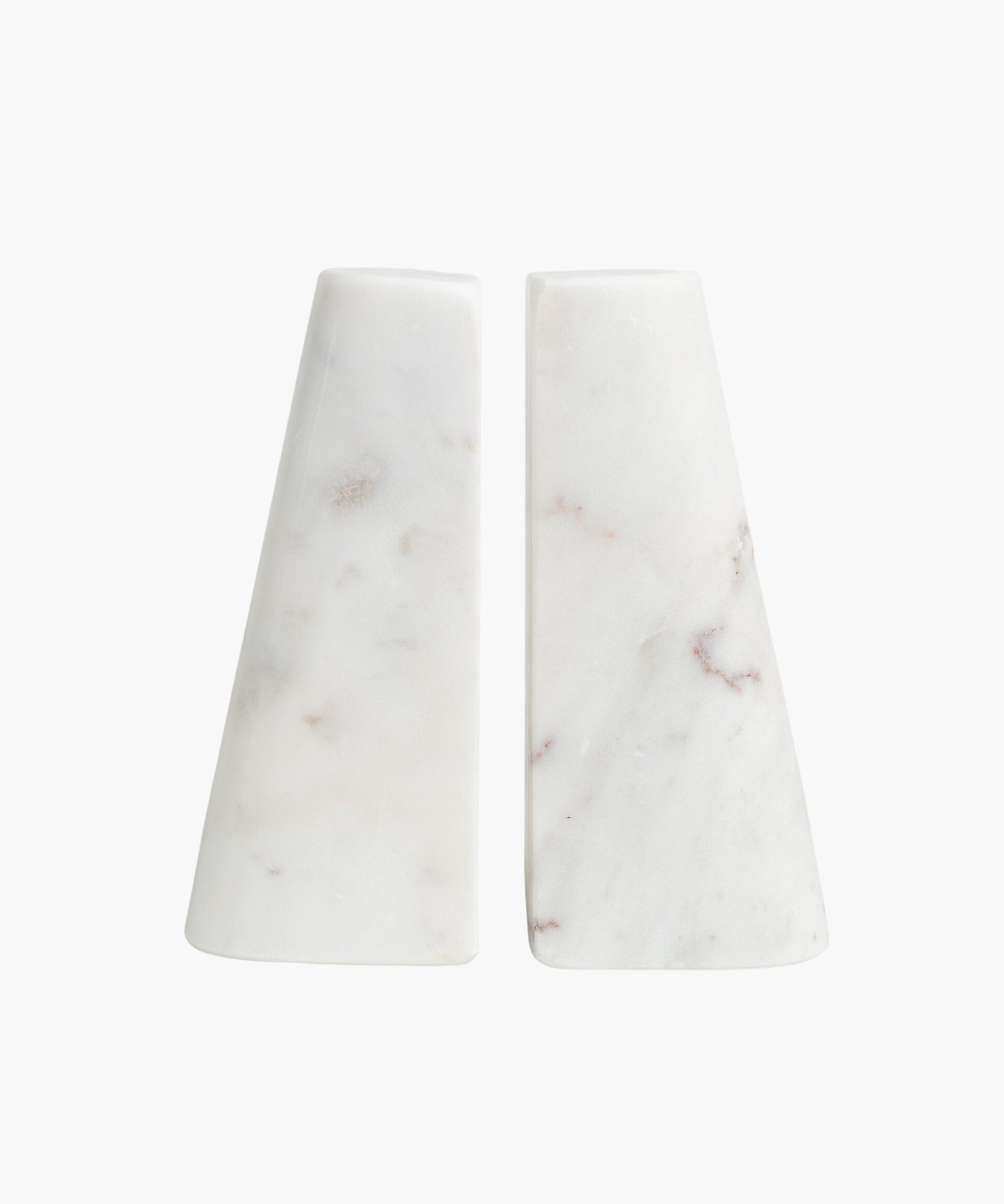 Two white marble bookends with a smooth, conical shape, each featuring subtle brown and gray veining. They appear minimalist and elegant. | SW Home