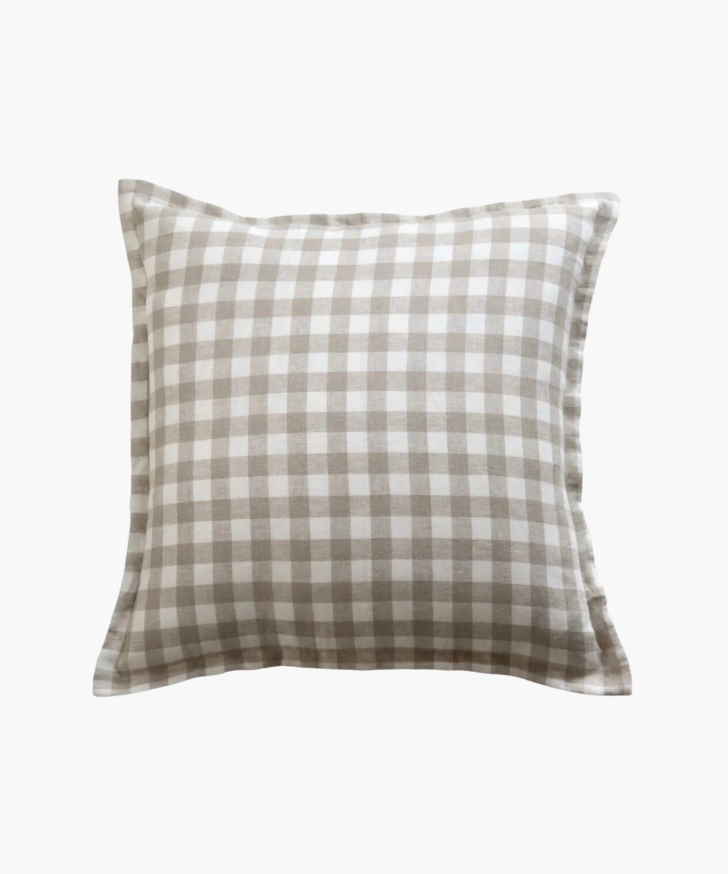 A square pillow with a beige and white gingham check pattern on fabric. It appears soft, inviting, and adds a cozy, classic touch to home decor. | Wildwood Home Co.