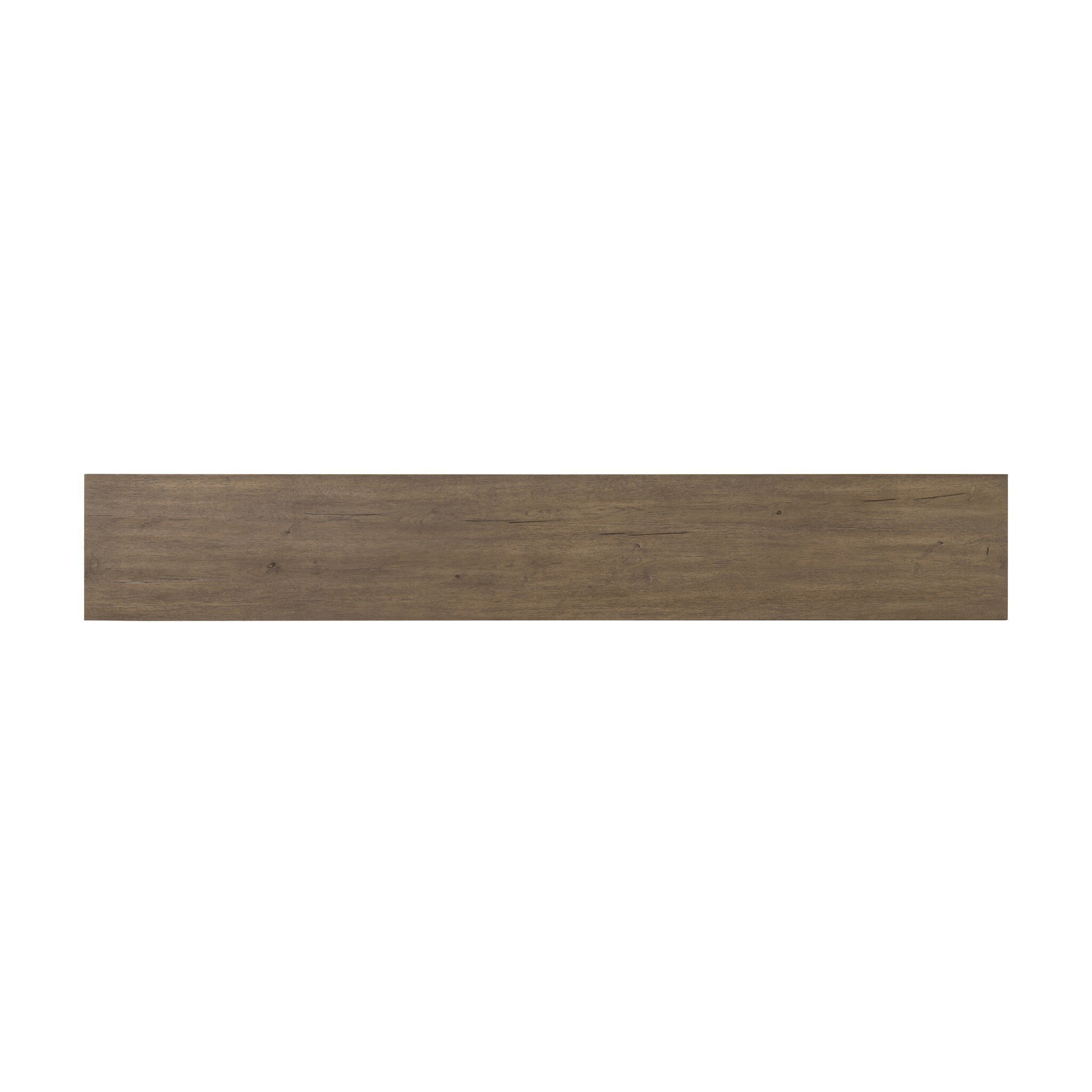 Overhead view of a wooden console table with a curved design on a white background.