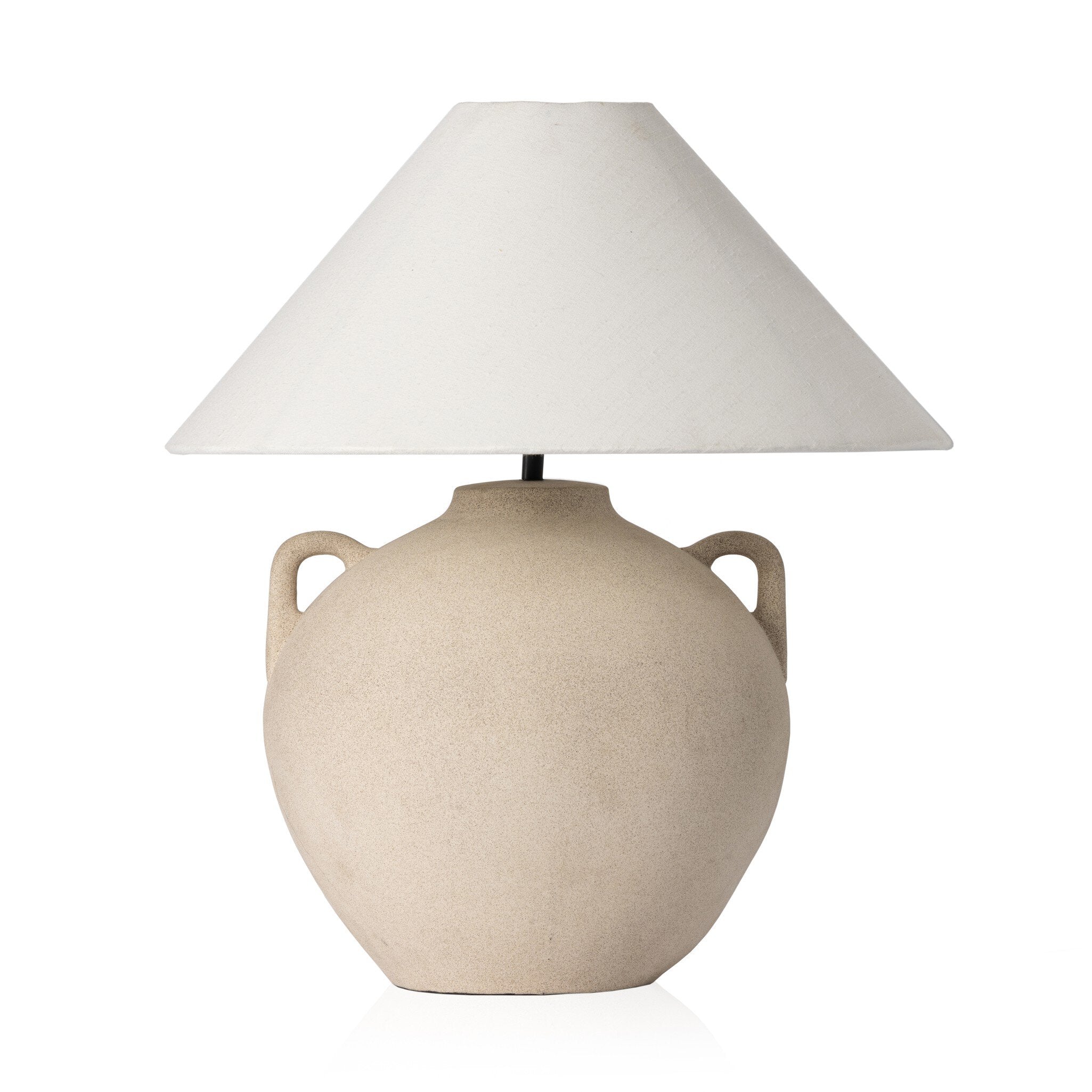 Beige ceramic table lamp with an ivory lampshade on a white background. | S.W. Home