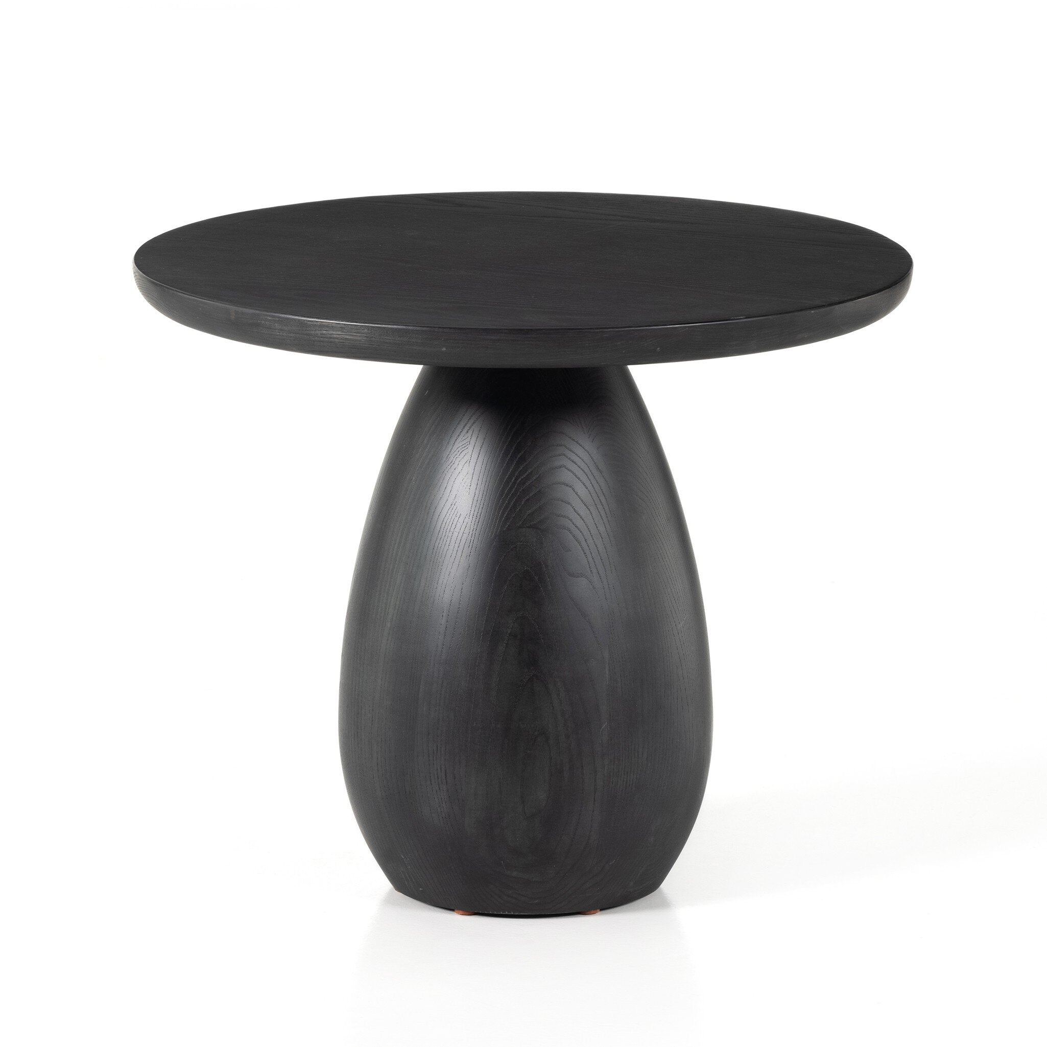 Black-washed solid ash round end table on a white background. | S.W. Home