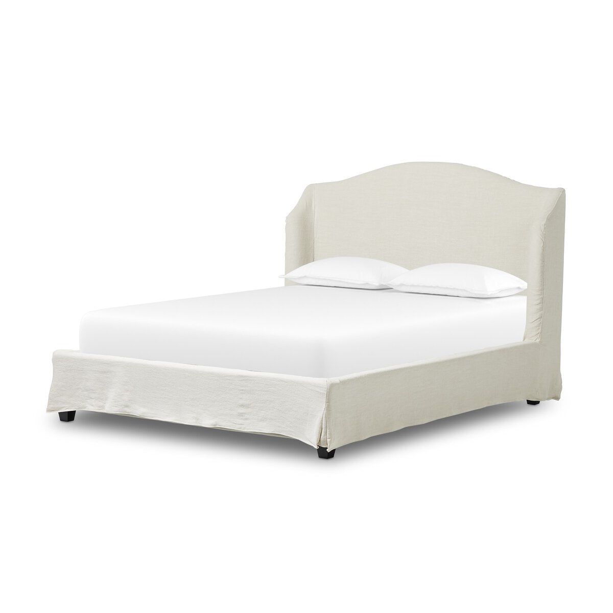 White bed with a matching headboard on a white background.