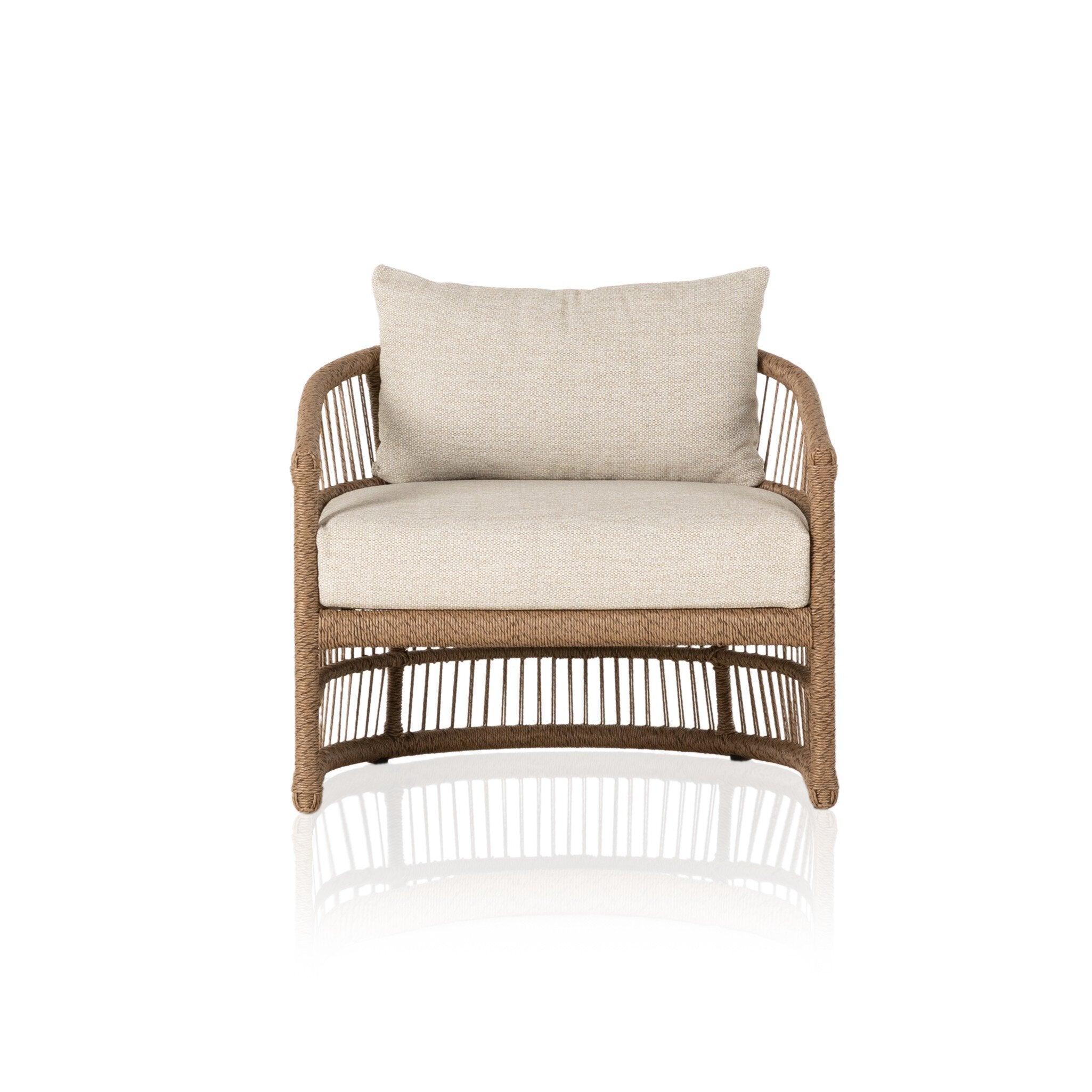 Cottage inspired outdoor chair with wrapping and texture along with beige colored upholstered cushions on a white background. | S.W. Home