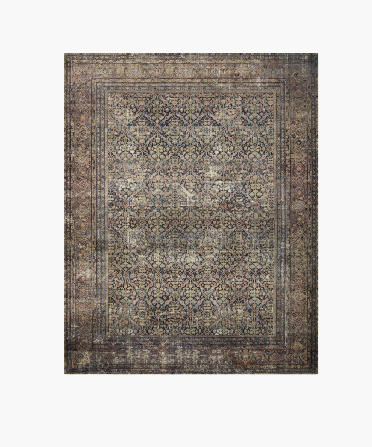 A vintage inspired rug with intricate floral and geometric patterns in muted blues, reds, and browns. It exudes a sense of classic elegance and warmth. | SW Home