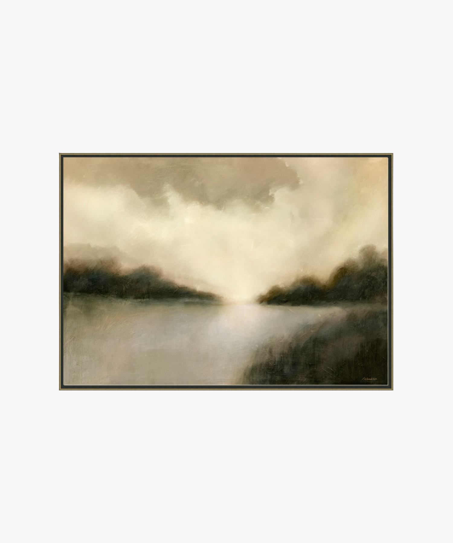 A canvas painting featuring a serene riverscape with soft tones and a gentle glow from the horizon. | SW Home