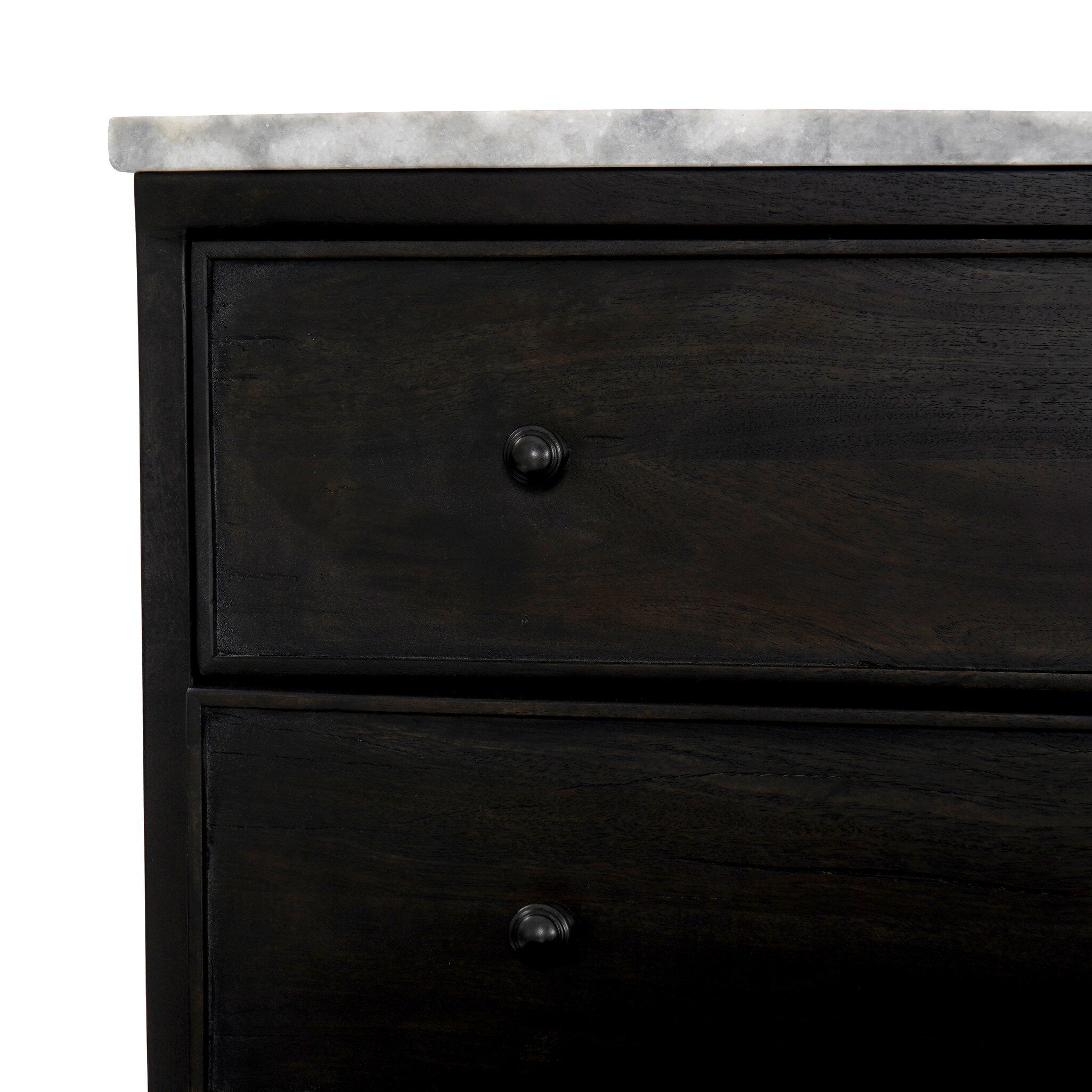 Dark wood stained nightstand with three drawers and a marble top.