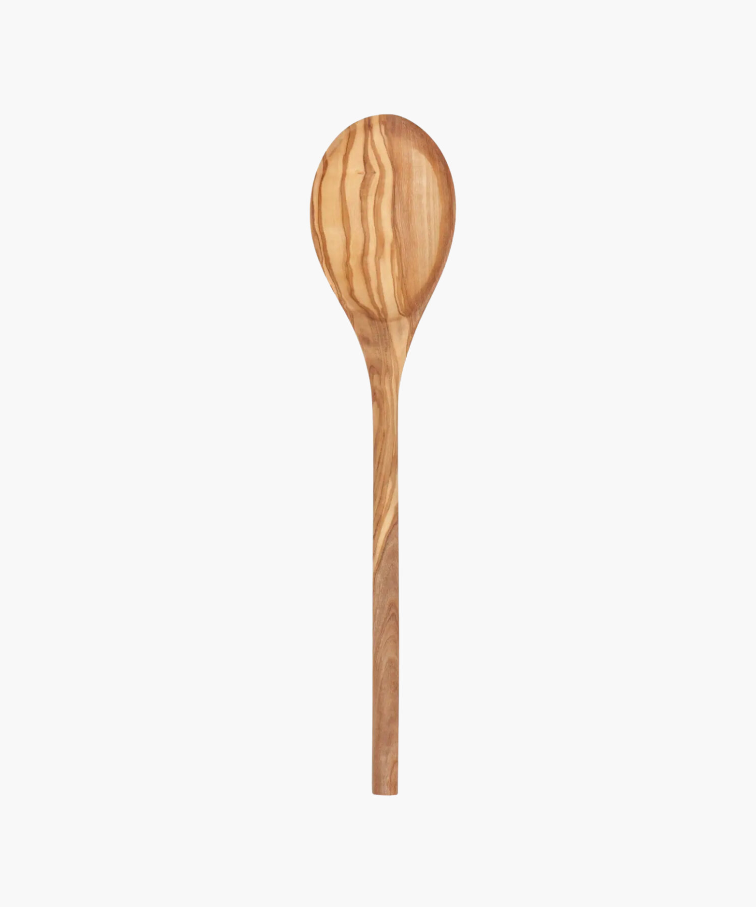 A wooden spoon with a smooth, elongated handle and a round head, featuring natural light and dark brown grain patterns, set against a white background. | S.W. Home