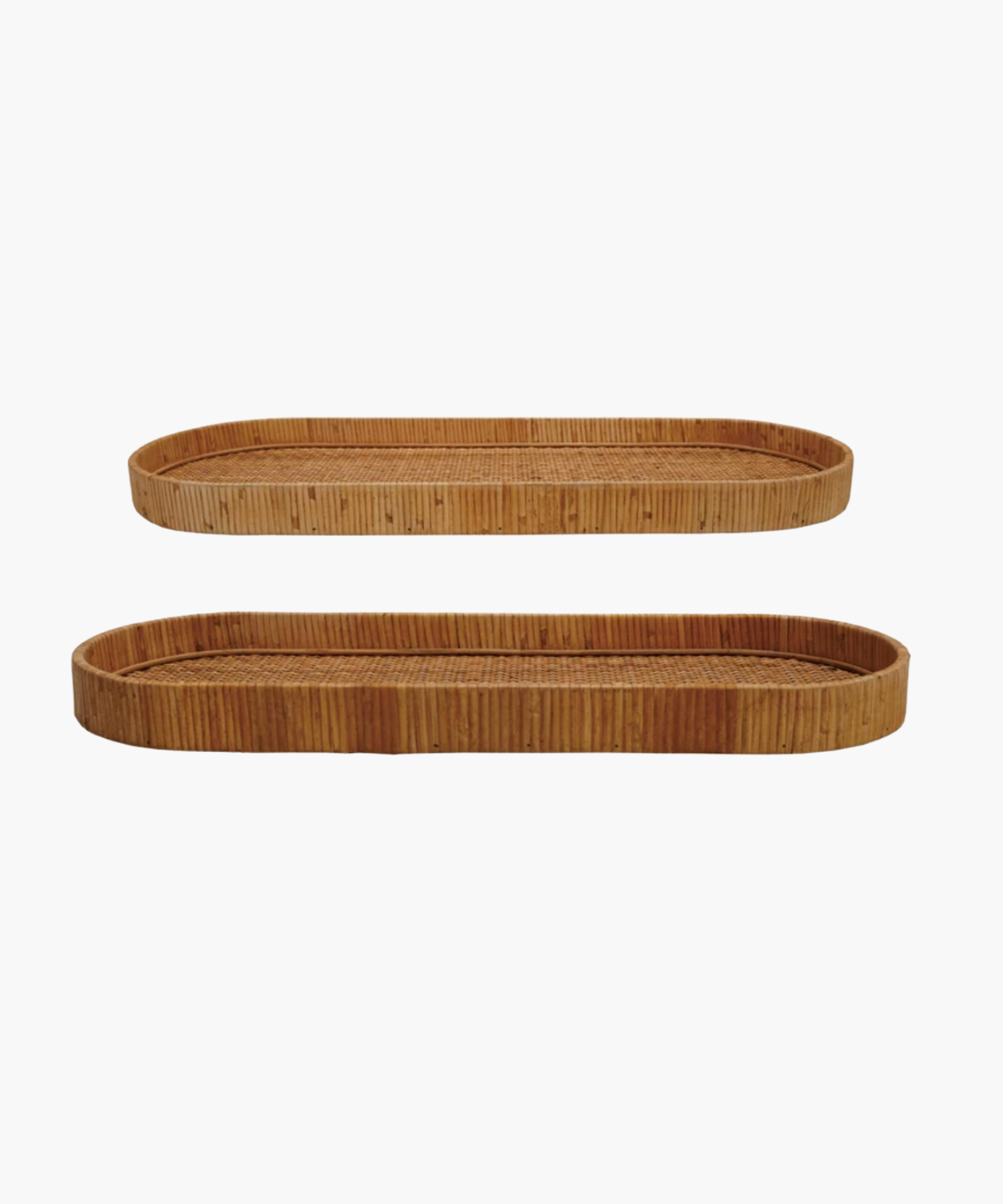 Two oval wicker handwoven trays with rounded edges, one smaller above the larger one, against a white background. Natural, rustic texture. | SW Home