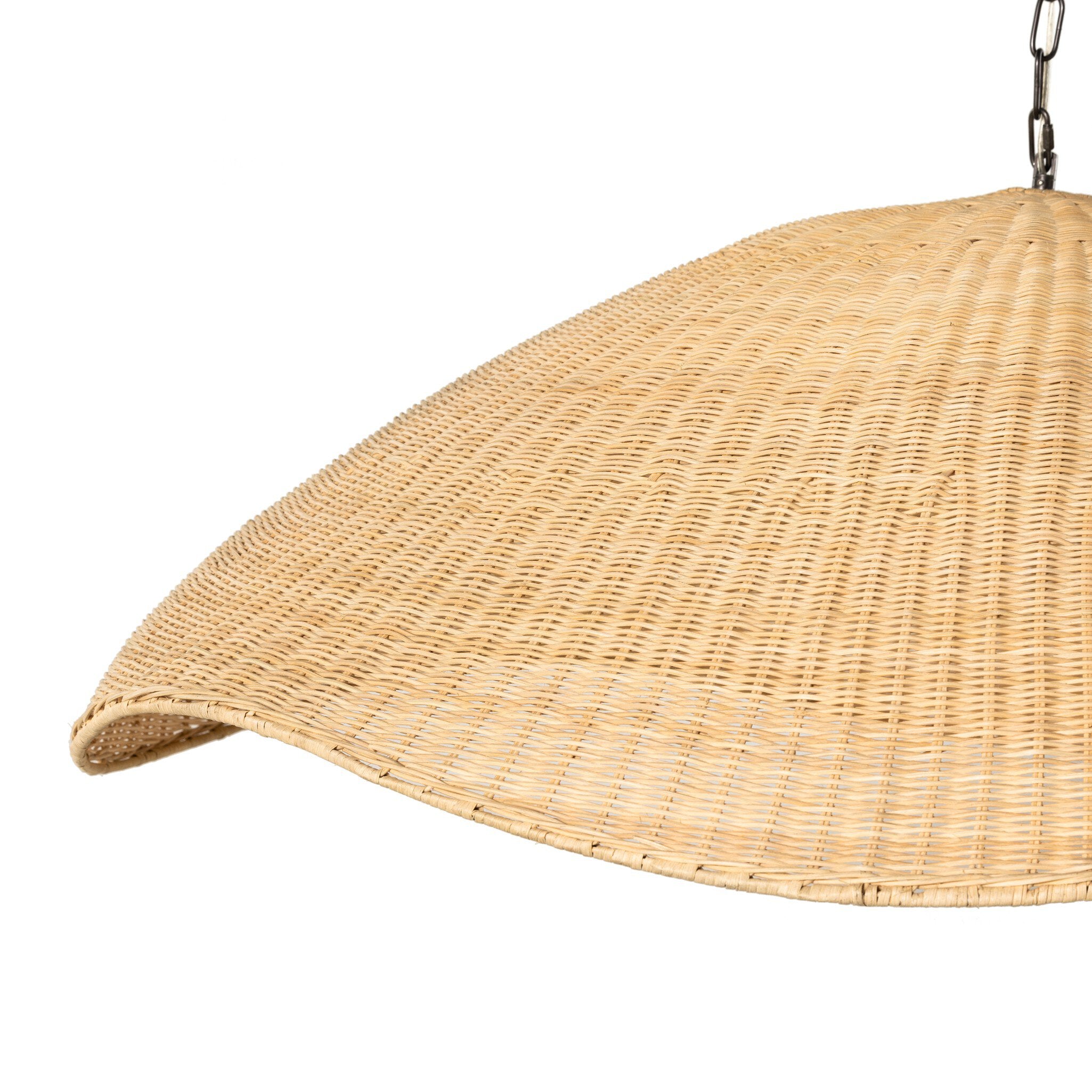 Woven pendant light on a white background.