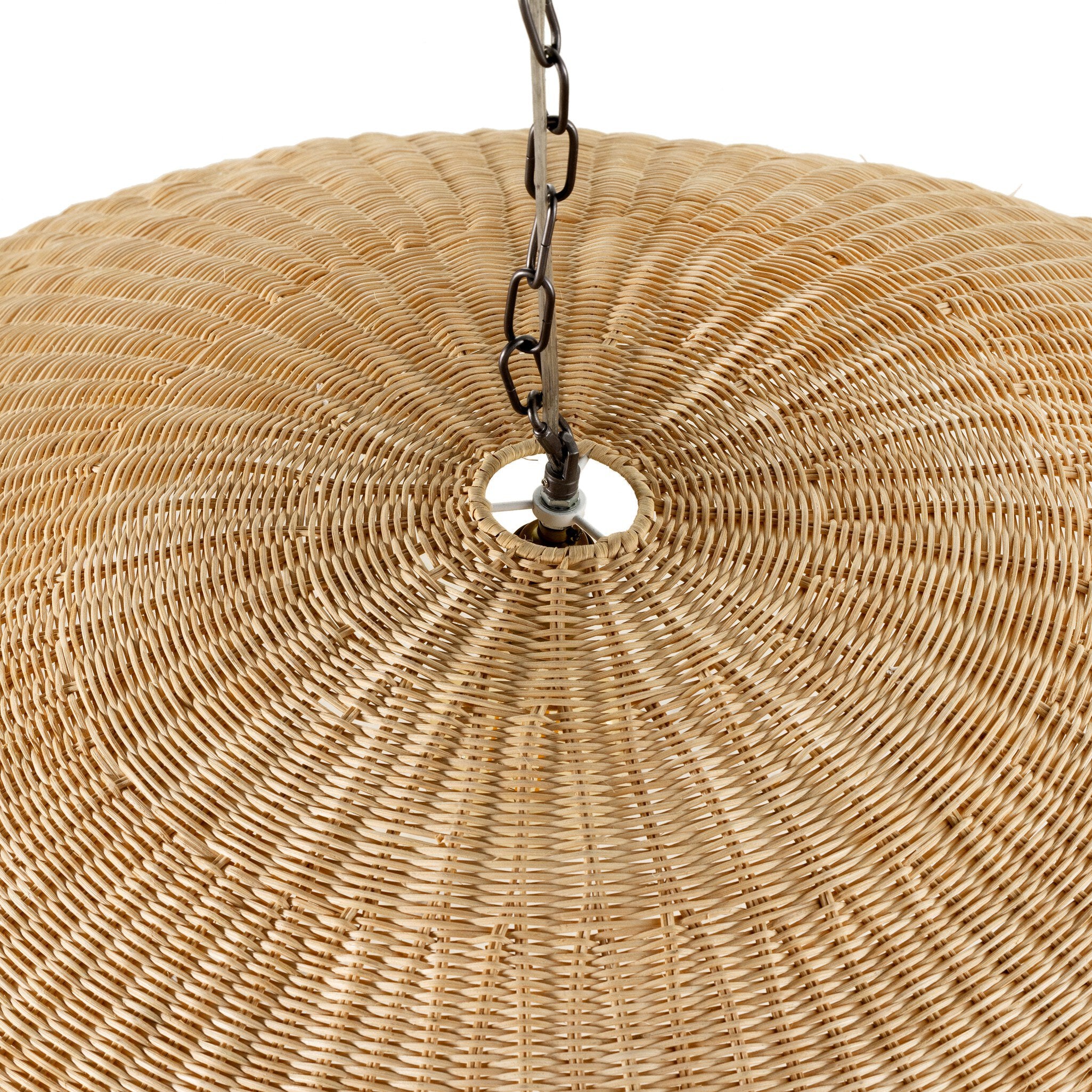 Overhead view of a wicker pendant light with a chain on a white background.