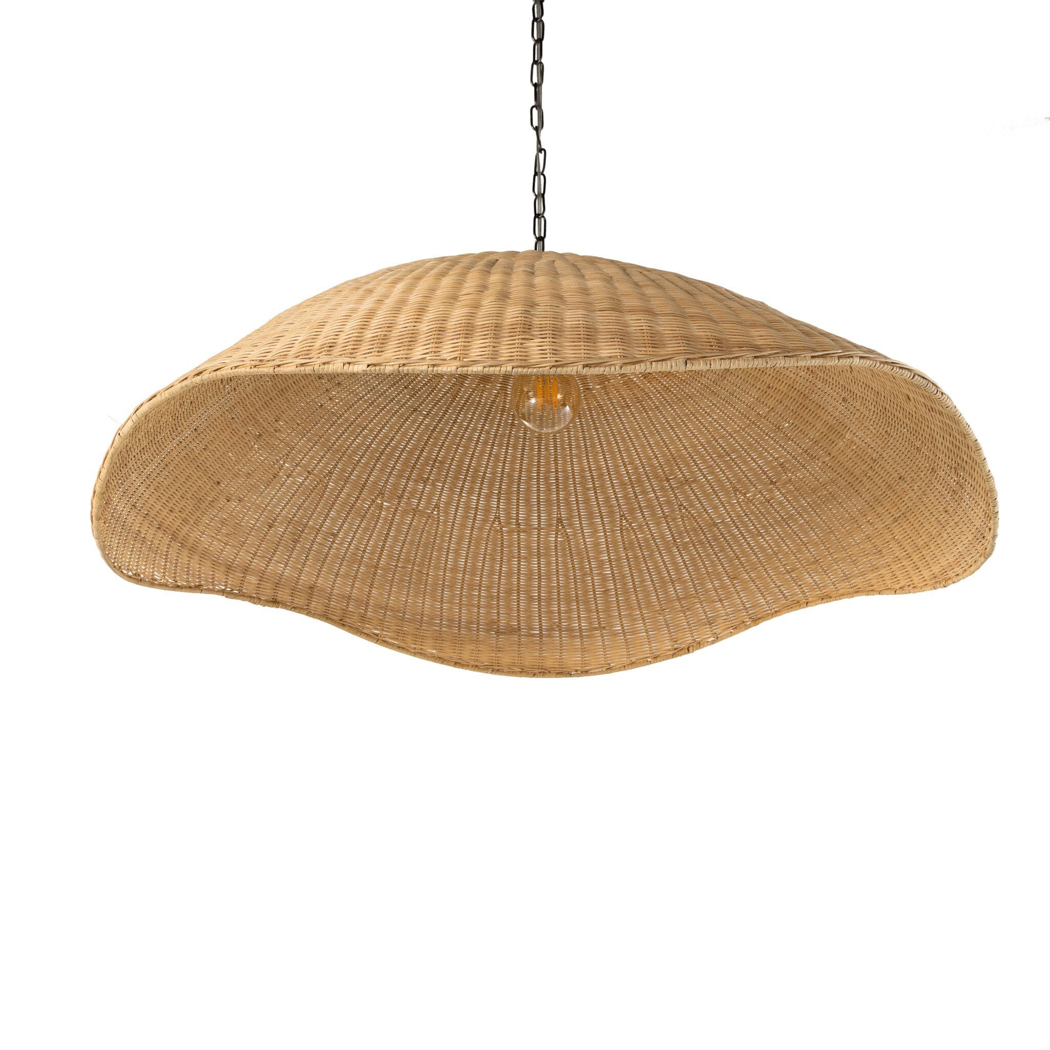 Woven pendant light on a white background.