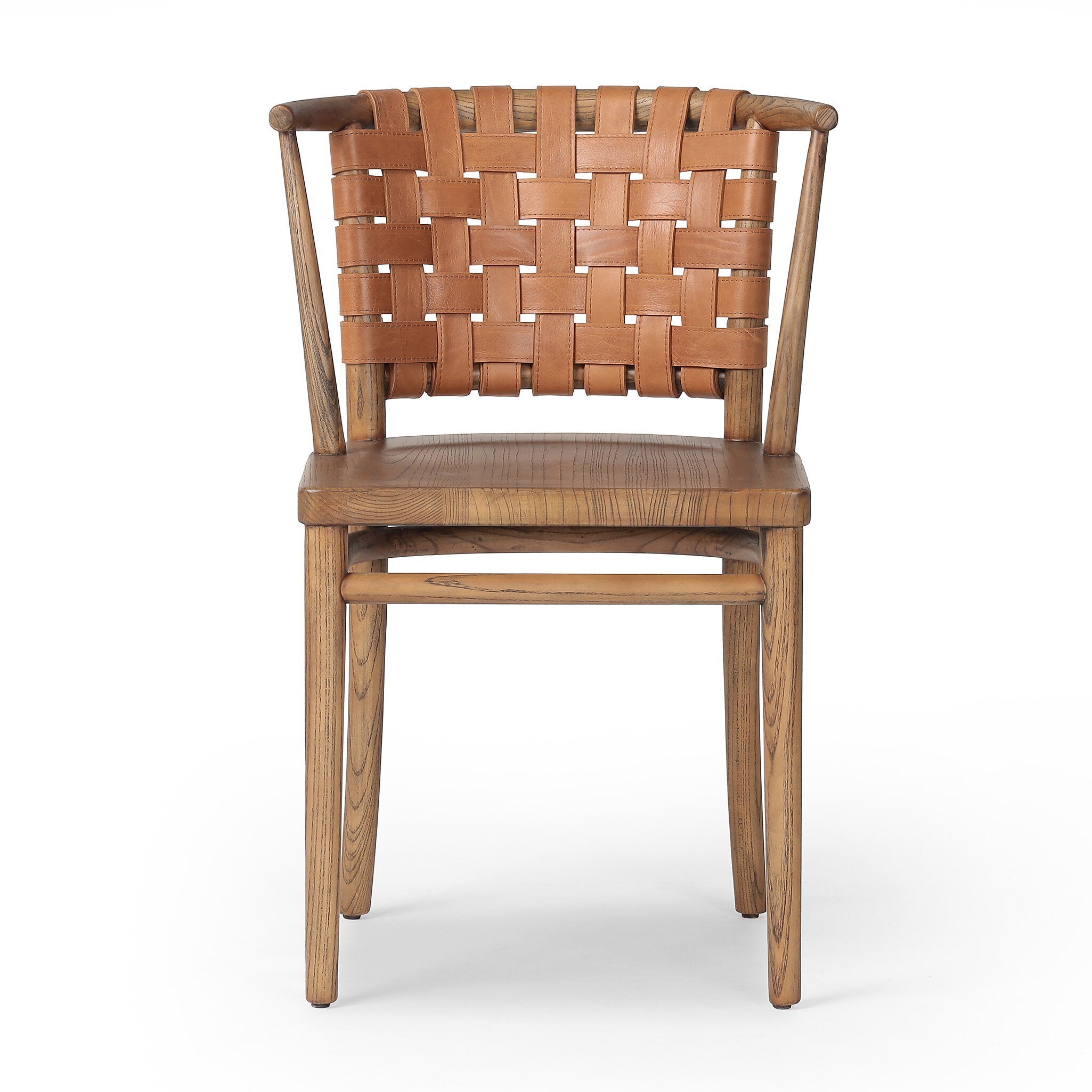 Wooden dining chair with barrel seatback of woven leather on a white background. | S.W. Home