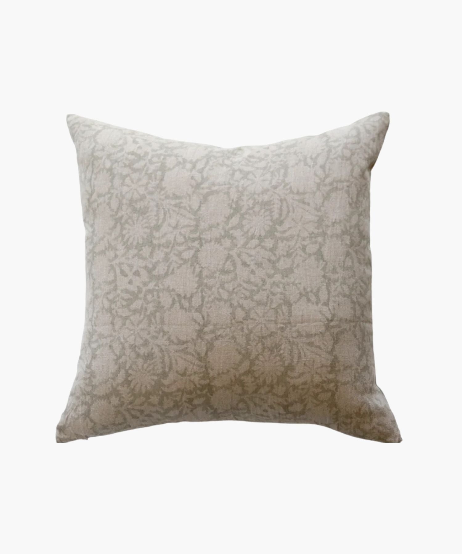 A square pillow with a subtle floral pattern in soft grey tones on a natural linen fabric. The design is delicate, creating a cozy and elegant feel. | S.W. Home