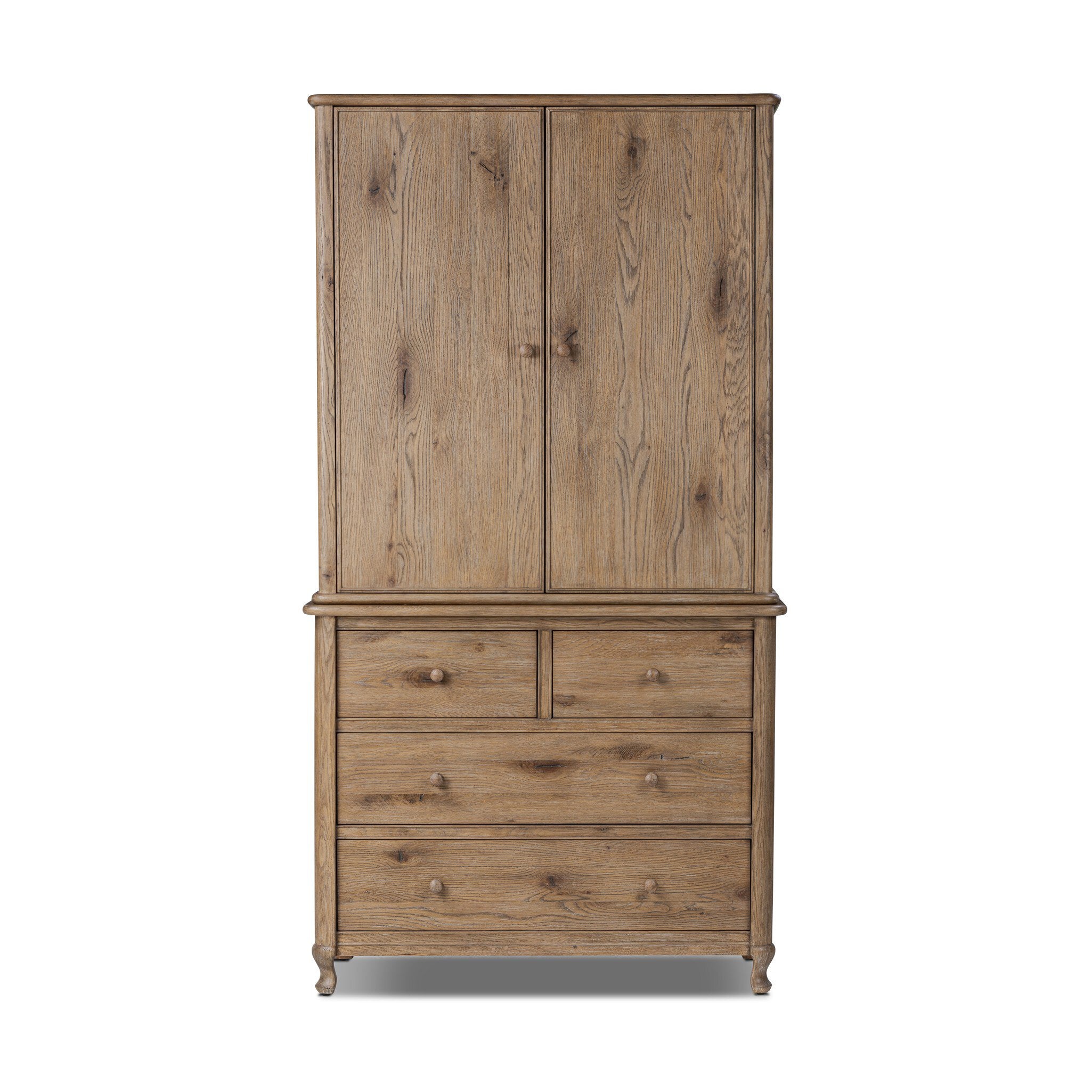 Wooden armoire with two doors and four drawers on a white background. | S.W. Home