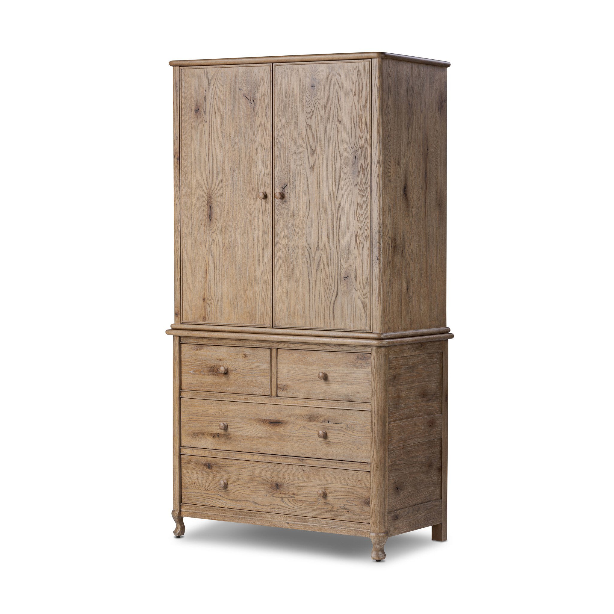 Wooden armoire with two doors and four drawers on a white background.