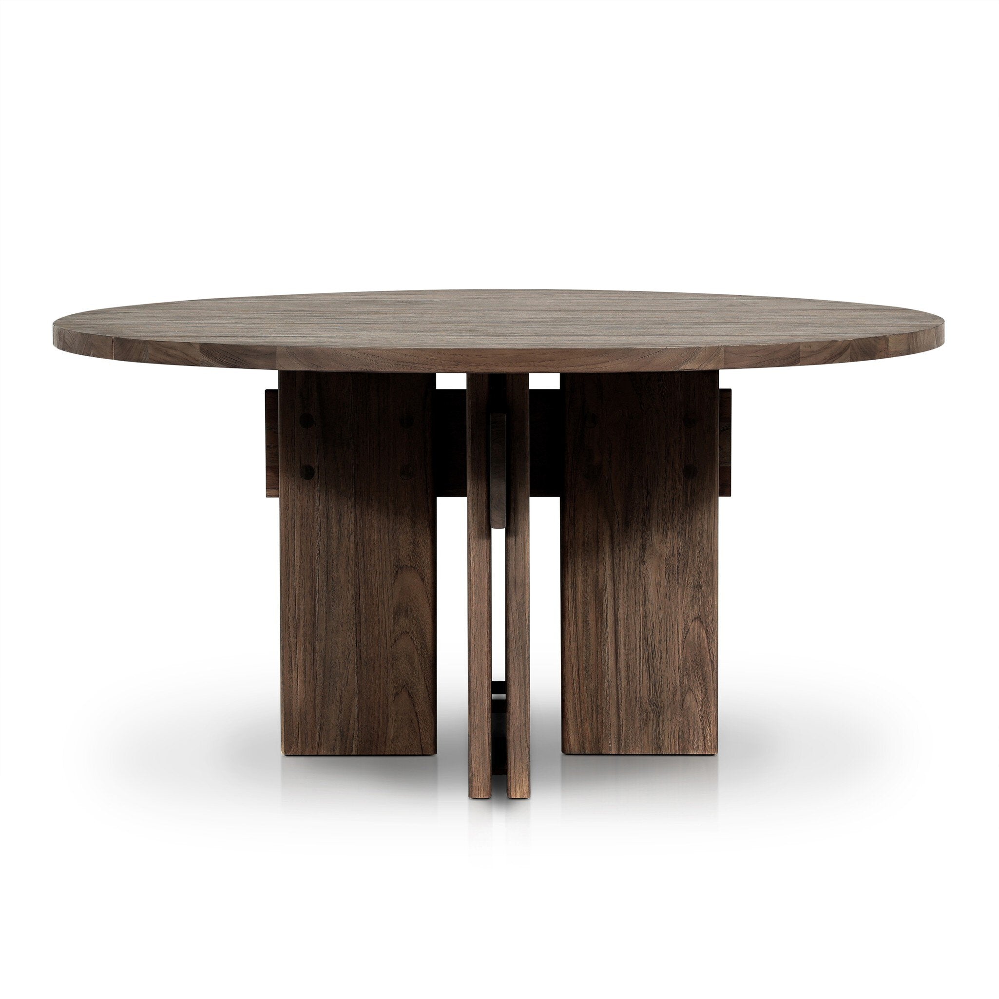 Solid teak round dining table with a dark brown finish on a white background. | S.W. Home