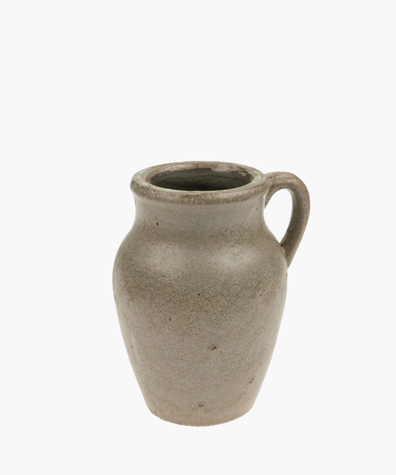 A rustic, gray ceramic pitcher vase with a single handle. Its simple design and smooth texture convey an antique, handmade aesthetic. | S.W. Home