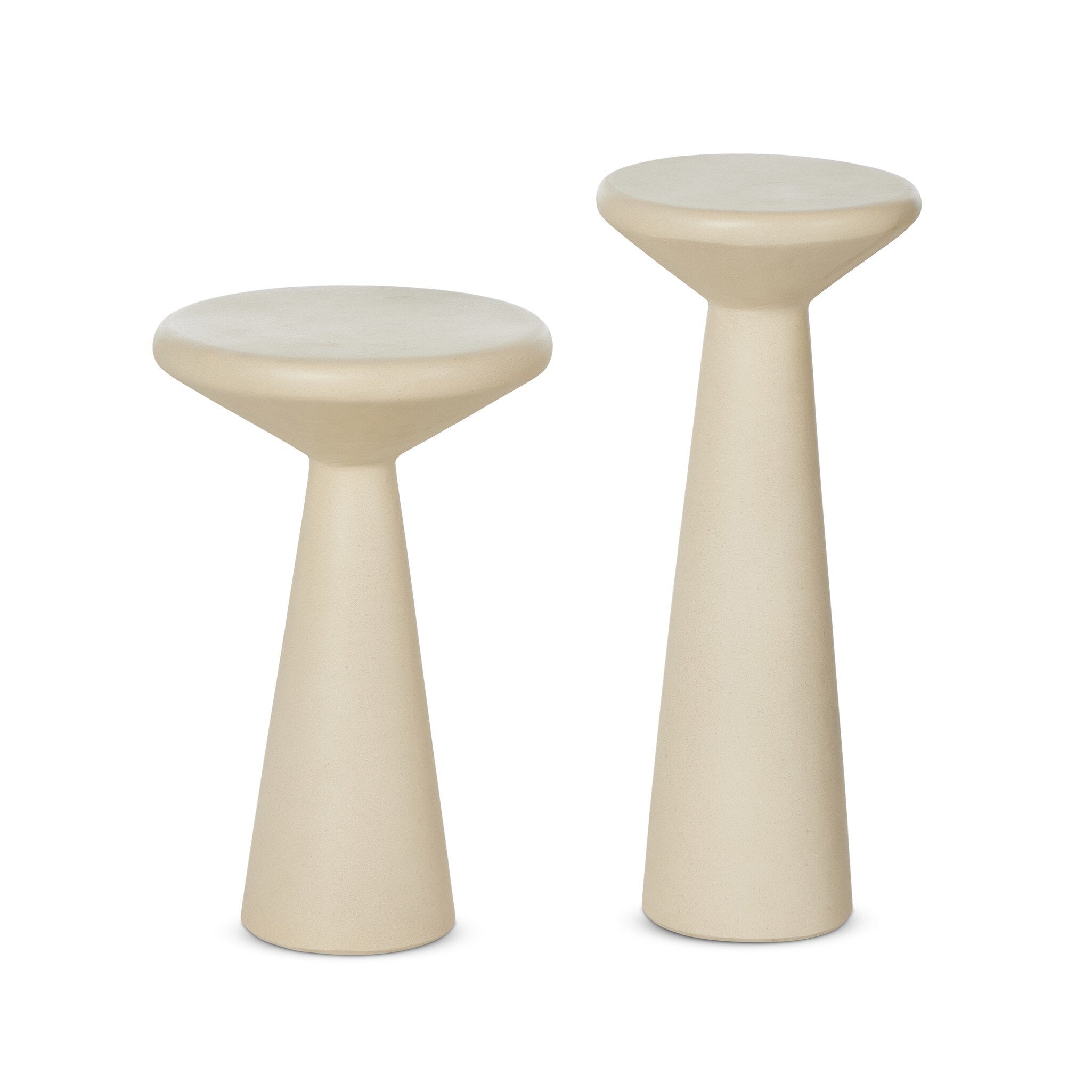 Two beige accent tables with round tops and different heights on a white background. | S.W. Home