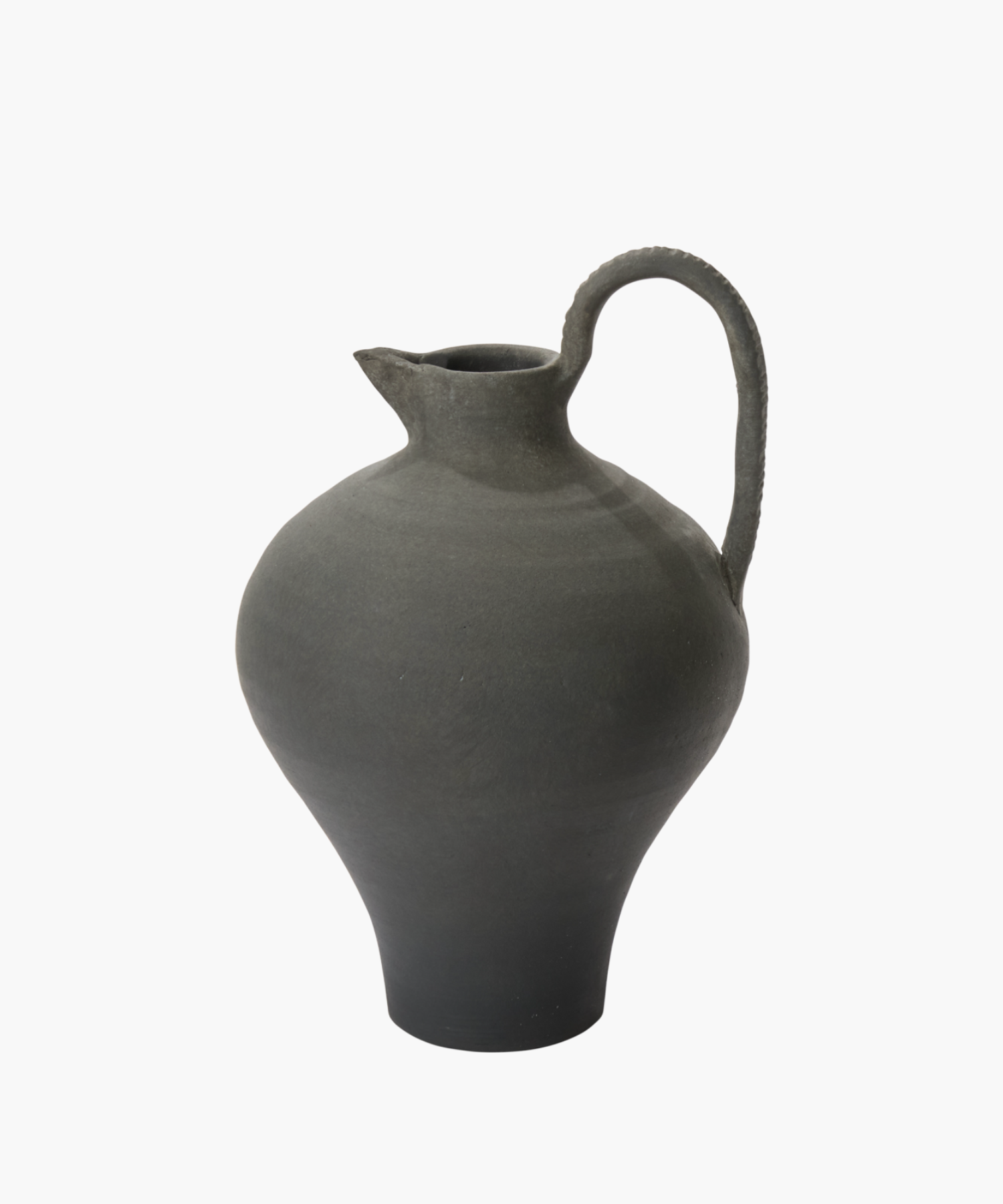 A gray pottery jug with a narrow spout, rounded body, and curved handle. The texture appears smooth, conveying an earthy, traditional feel. | S.W. Home