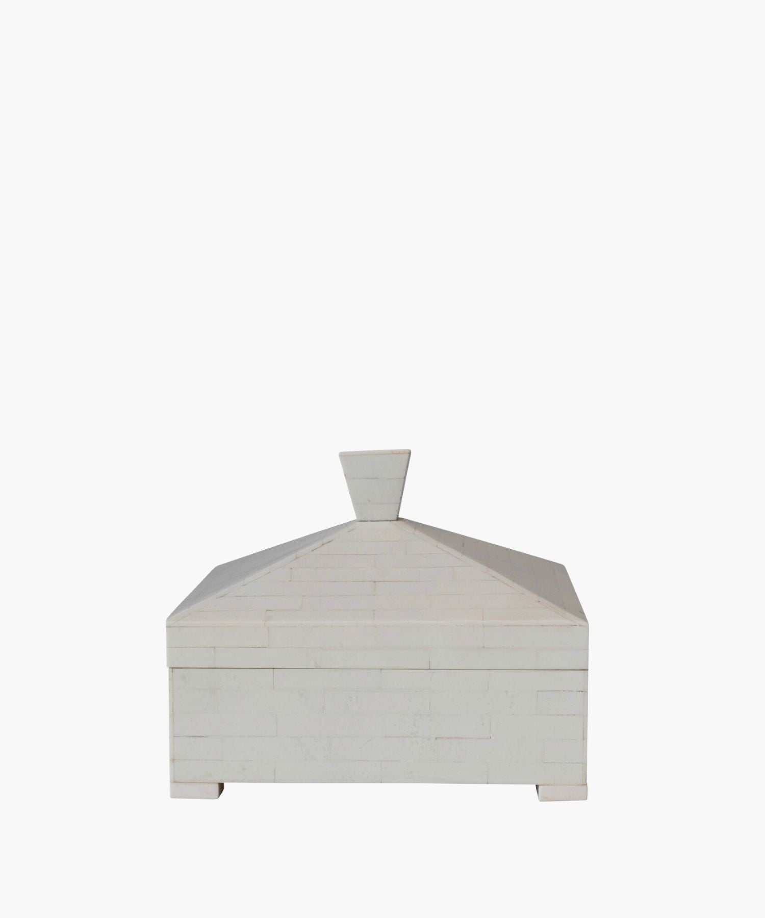 White resin storage box with an angular, pyramid silhouette lid with a decorative knob. | SW Home