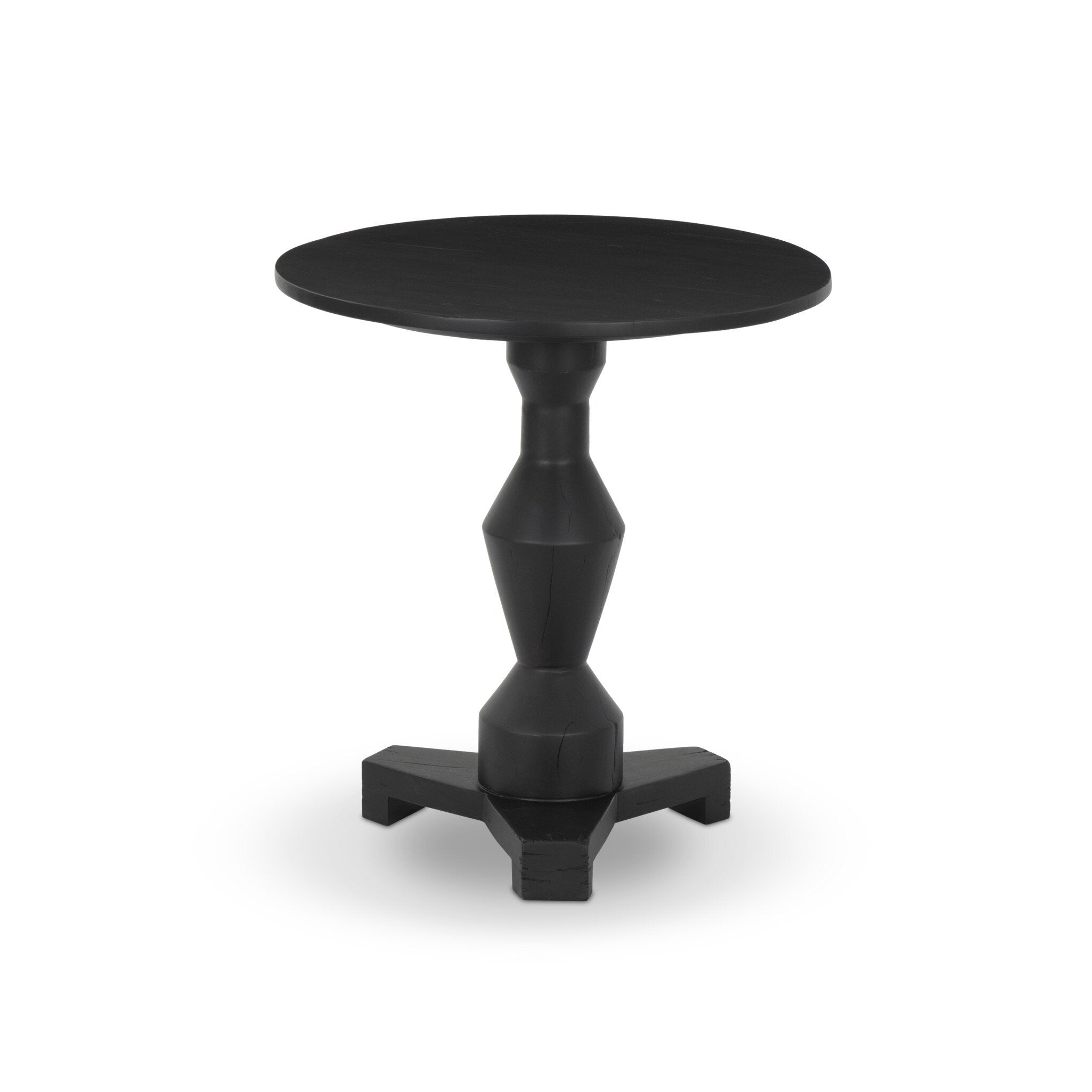 Black round end table with a pedestal base with tripod feet on a white background. | S.W. Home