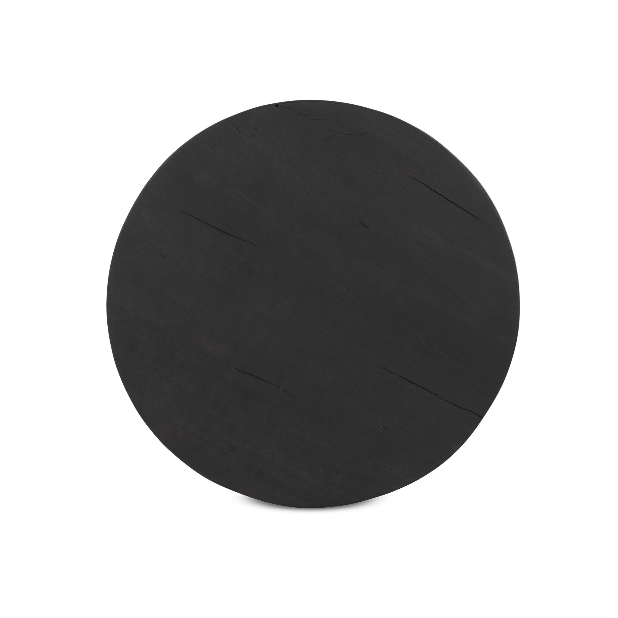 Overhead view of a black round end table on a white background.