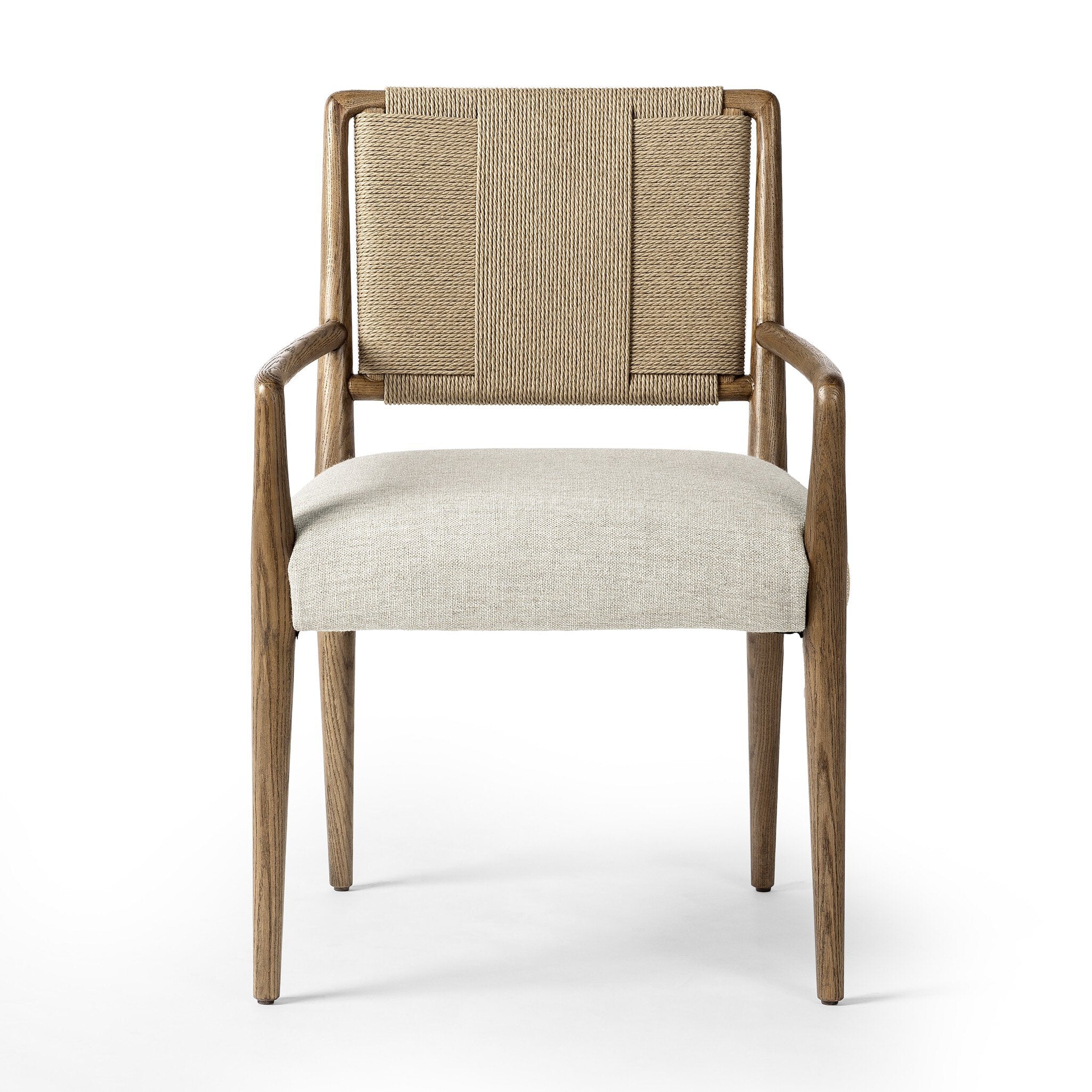 Dining chair with woven backrest and upholstered seat on a white background. | S.W. Home