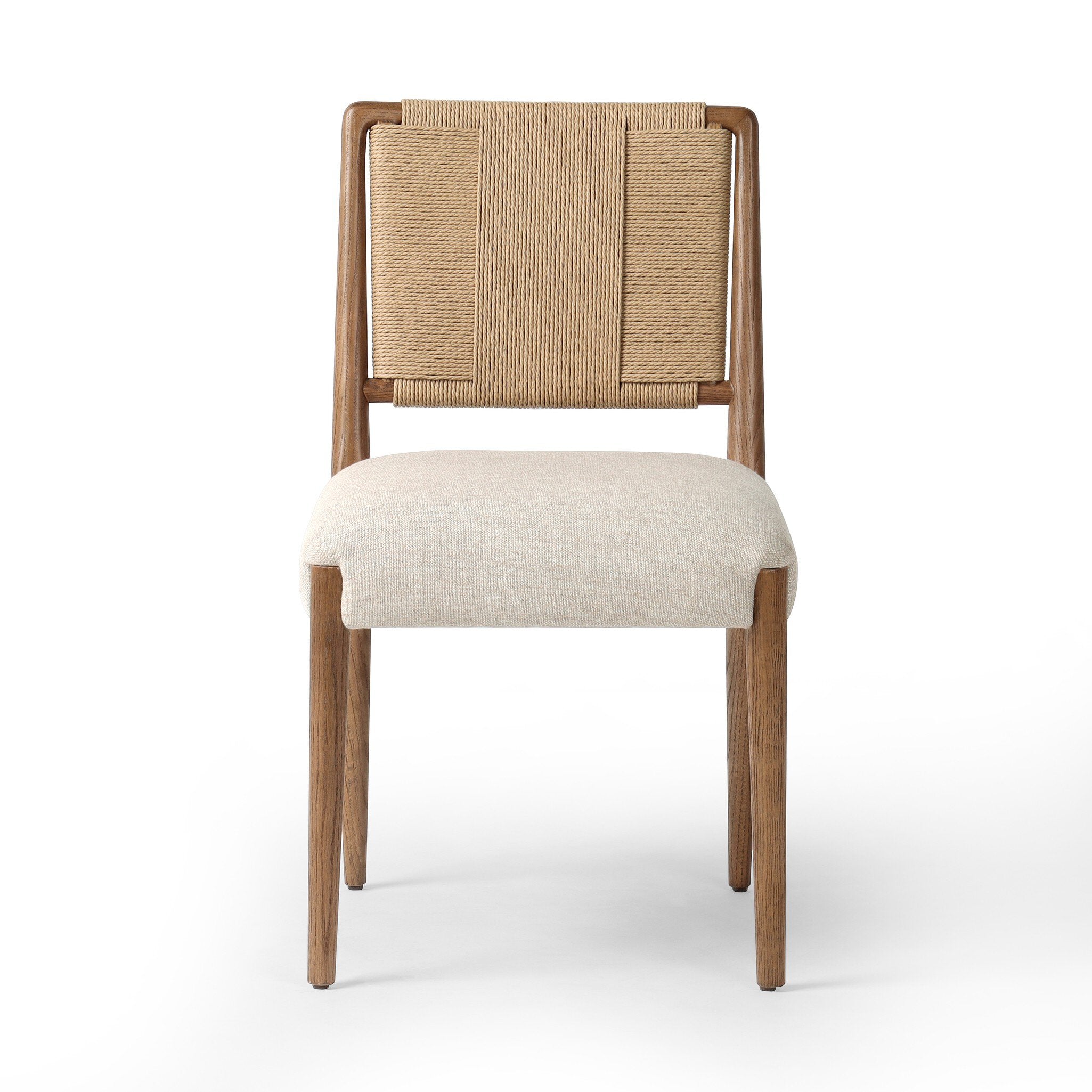Dining chair with woven backrest and beige cushion on a white background. | S.W. Home