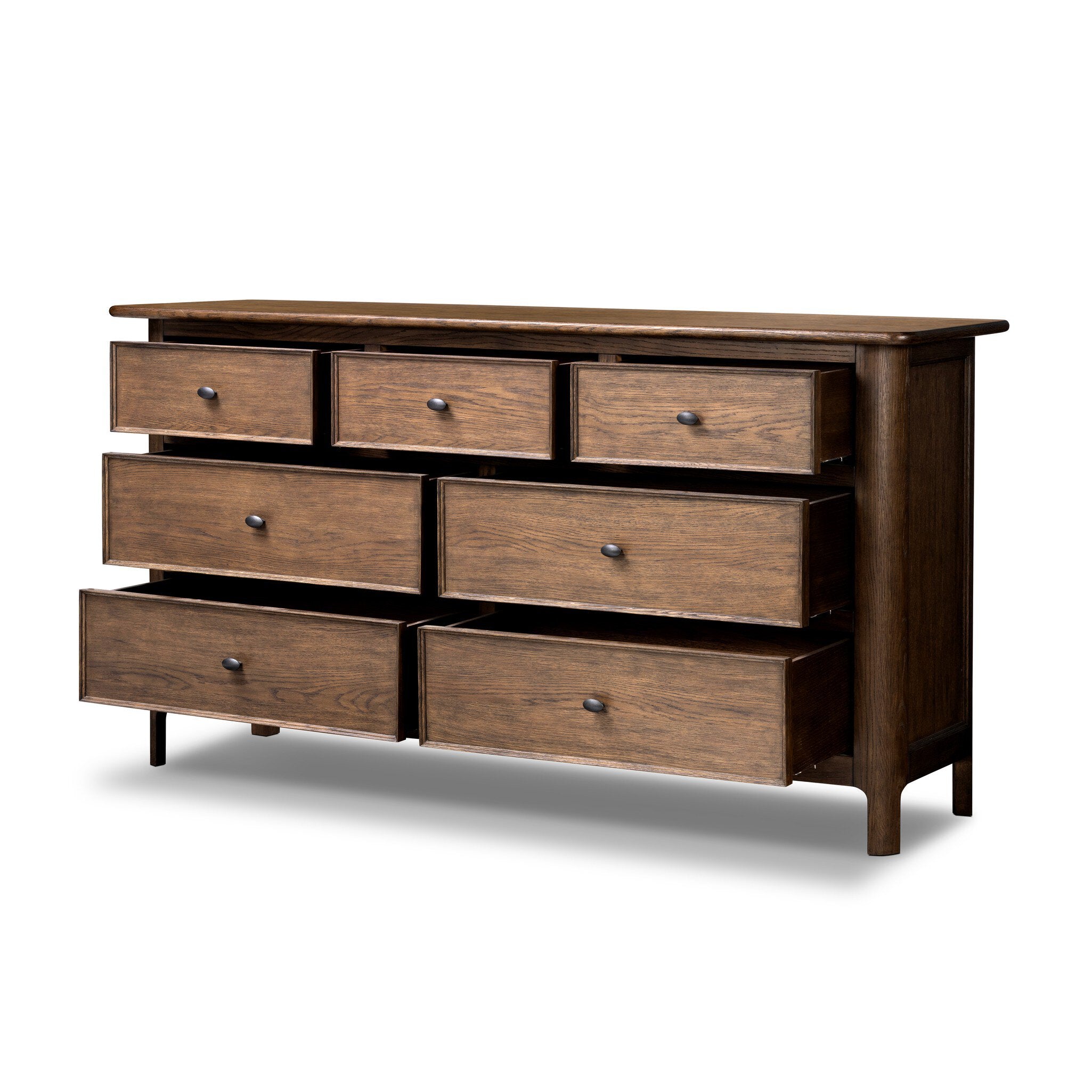 Wooden dresser with multiple drawers on a white background.
