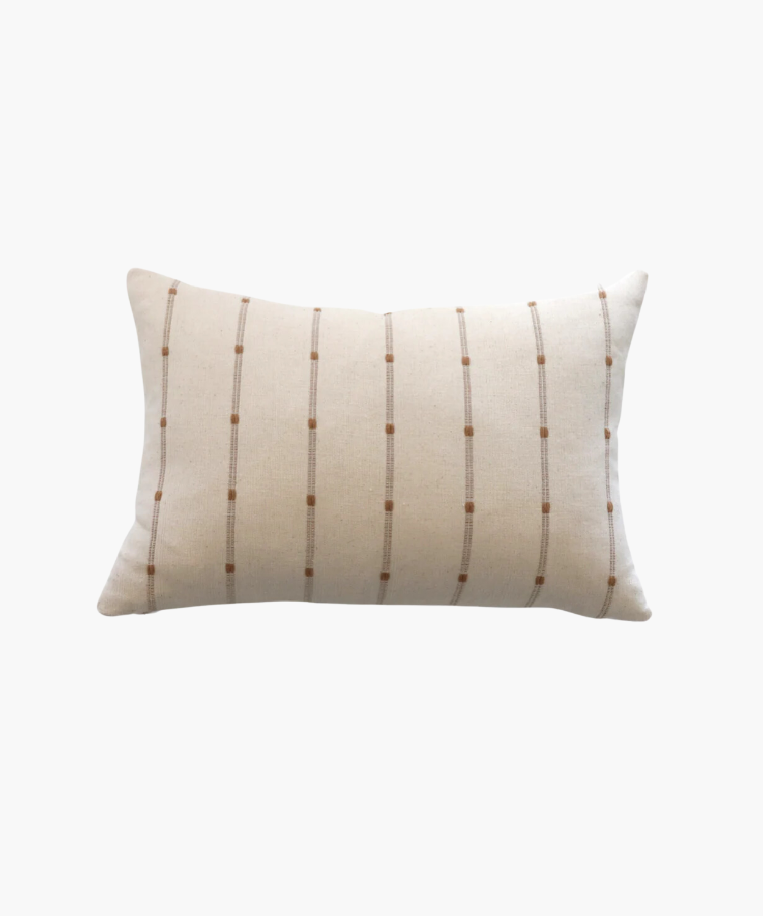 A beige lumbar pillow with a minimalist pattern of thin, vertical brown lines and small dots, creating a calm and modern appearance. | Wildwood Home Co.
