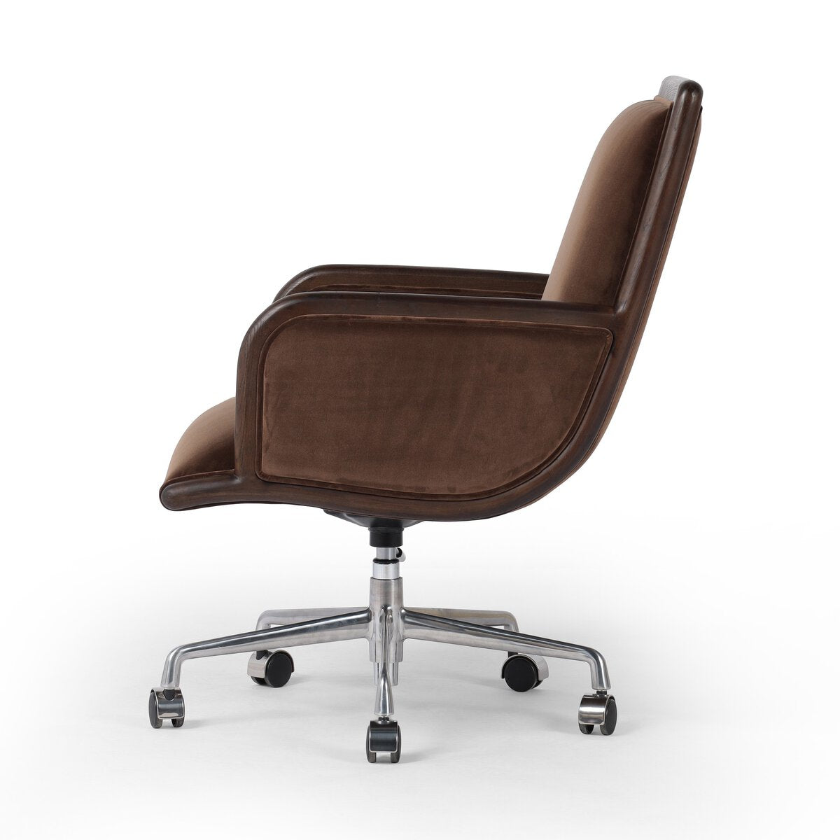 Side profile of a brown office chair with a chrome base on a white background.