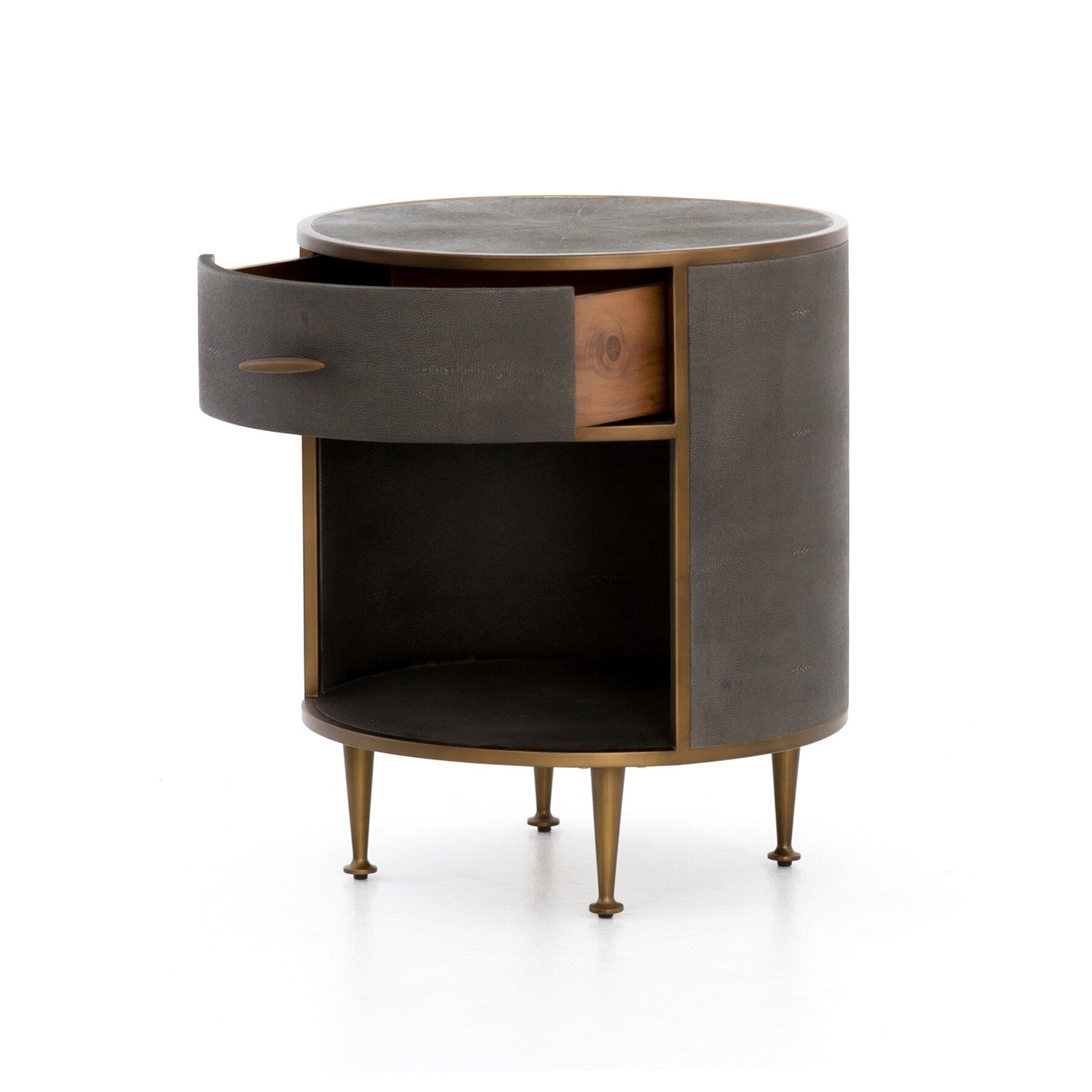 Round side table with a drawer and brass legs on a white background.