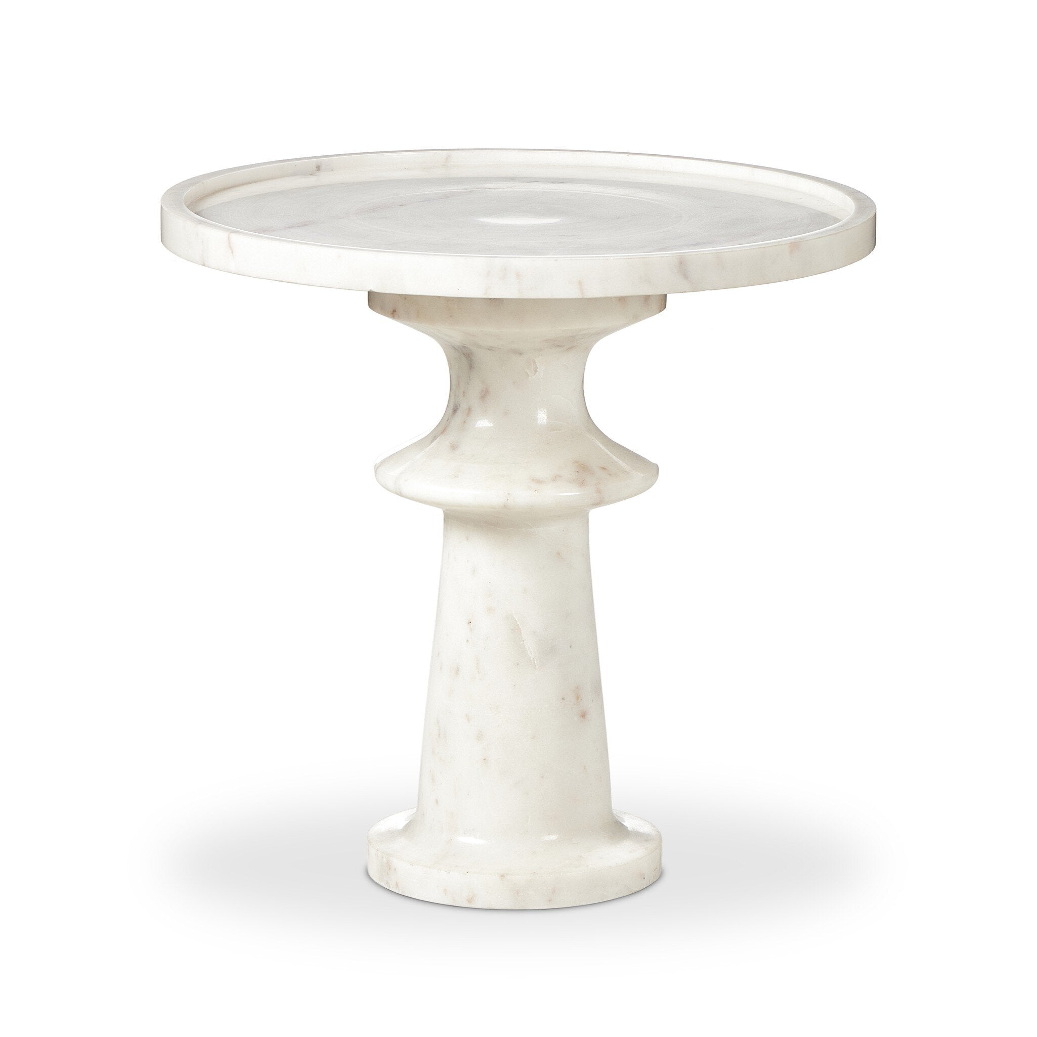 White marble end table with sculpted base and tray like top on a white background. | S.W. Home