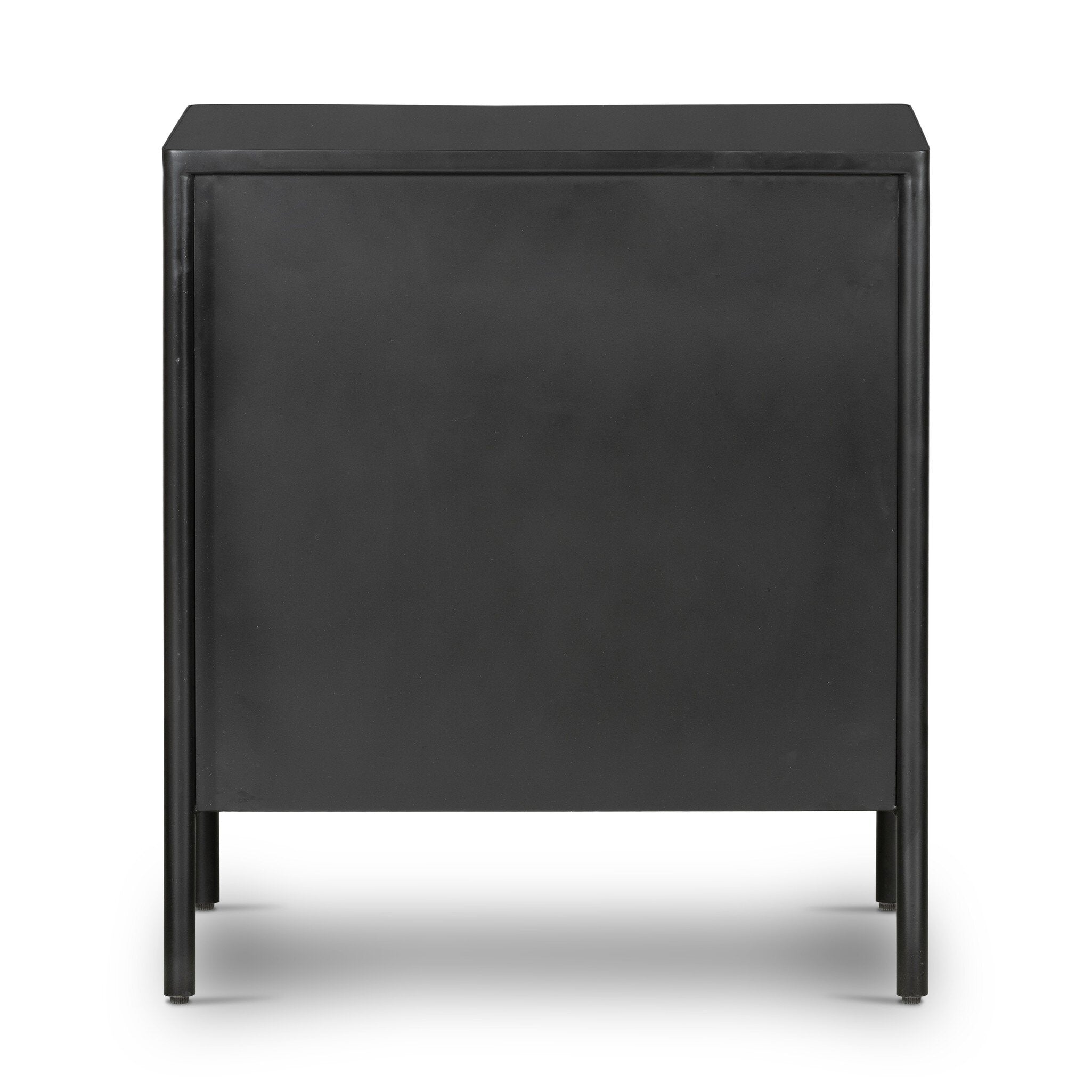 The back of a black dresser with three drawers on a white background.