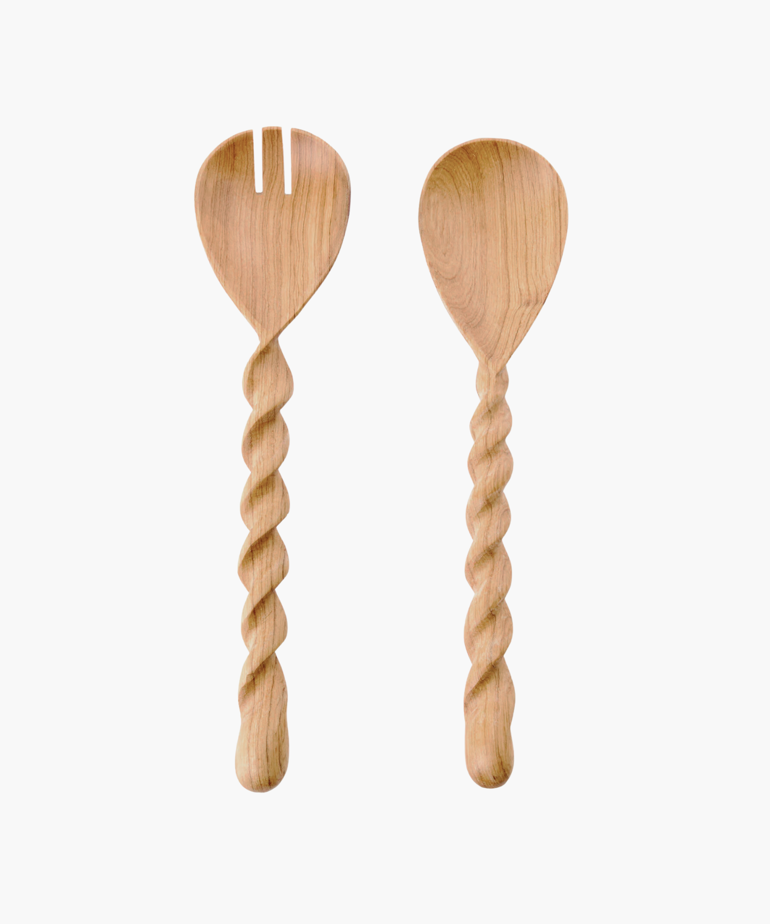 Two wooden salad utensils on a white background, featuring a fork and a spoon. Each has an intricately twisted handle, conveying a rustic charm. | S.W. Home