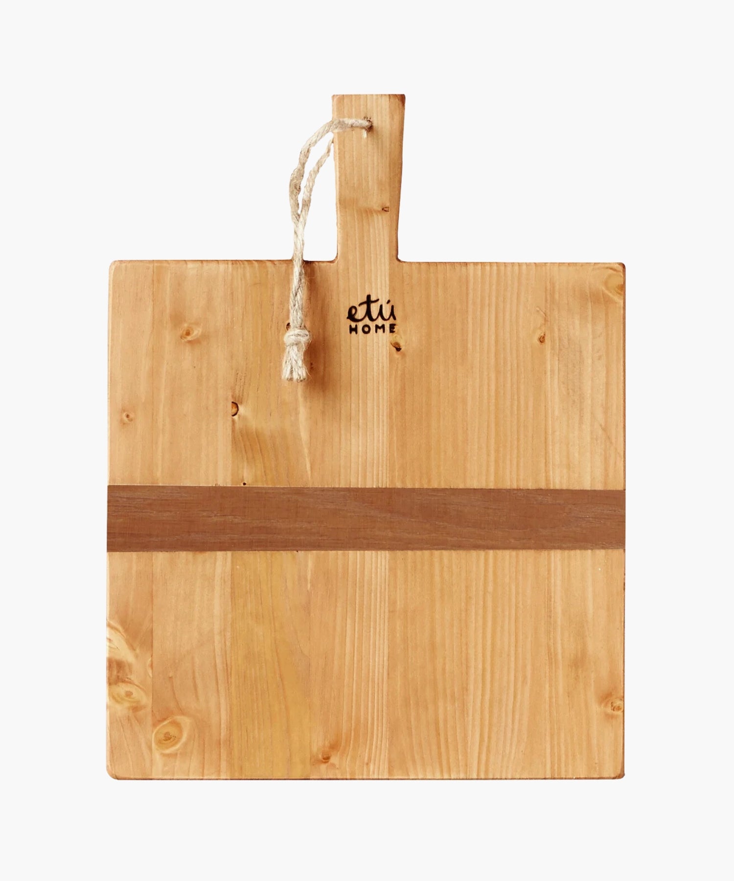 Square pine wood cutting or charcuterie board with a natural finish, featuring a dark horizontal stripe and a handle with a rope loop. | SW Home