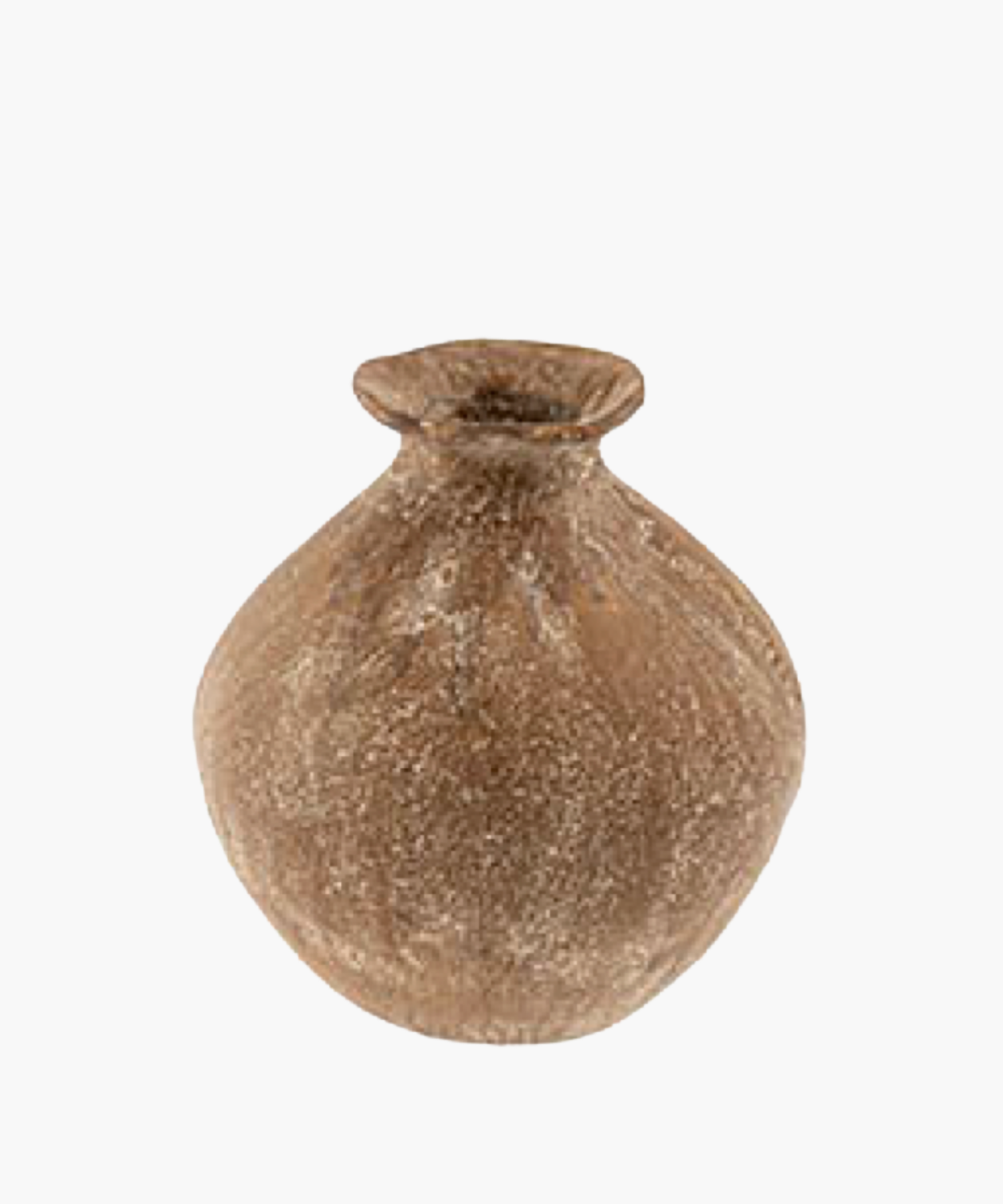 Rustic, round, brown vase with a narrow, slightly flared neck. The textured surface gives it an ancient, handcrafted appearance. | S.W. Home