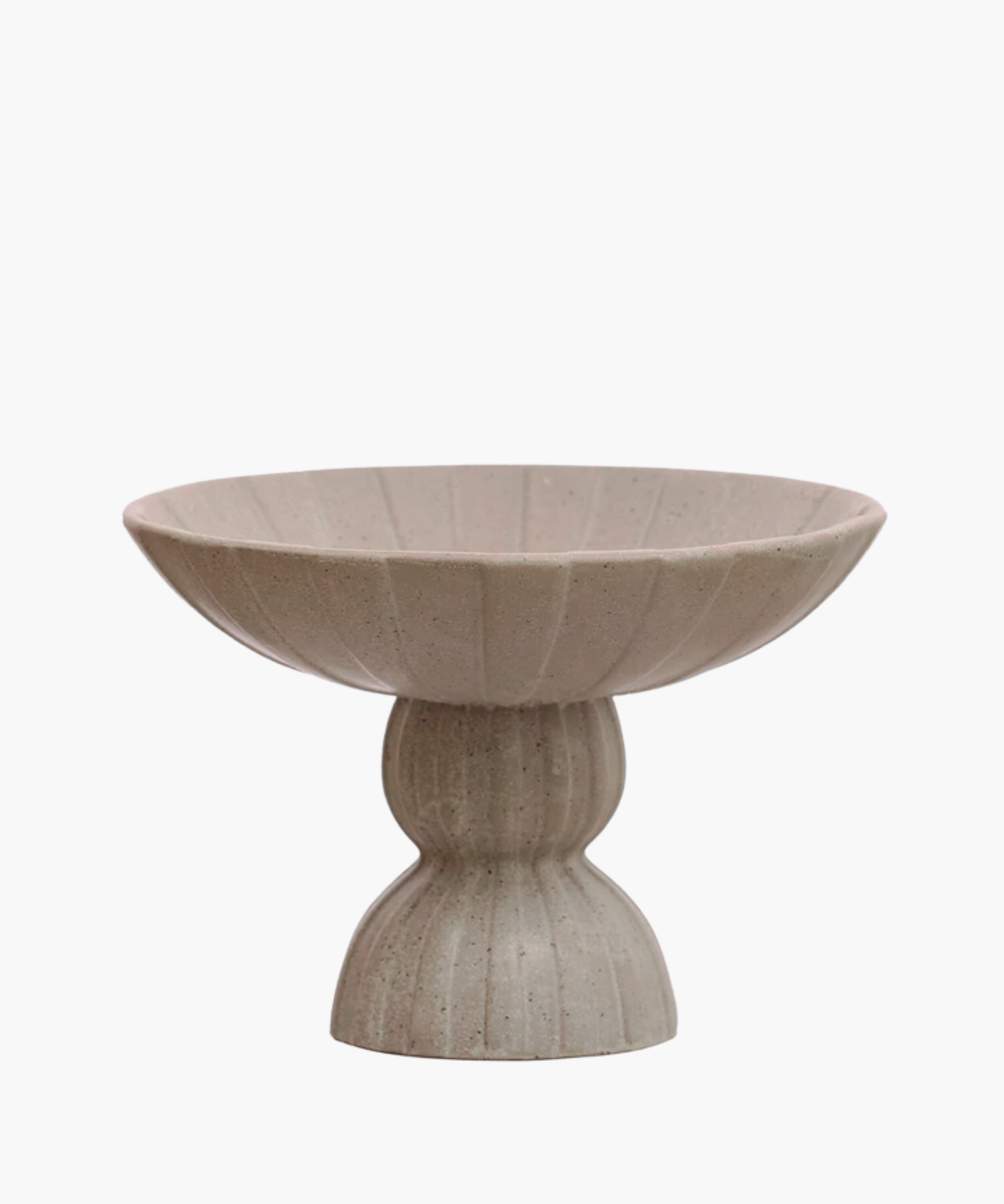 Stoneware pedestal bowl with a textured, ribbed design. It features a wide, shallow top and a bulbous base, conveying an elegant and rustic tone. | S.W. Home