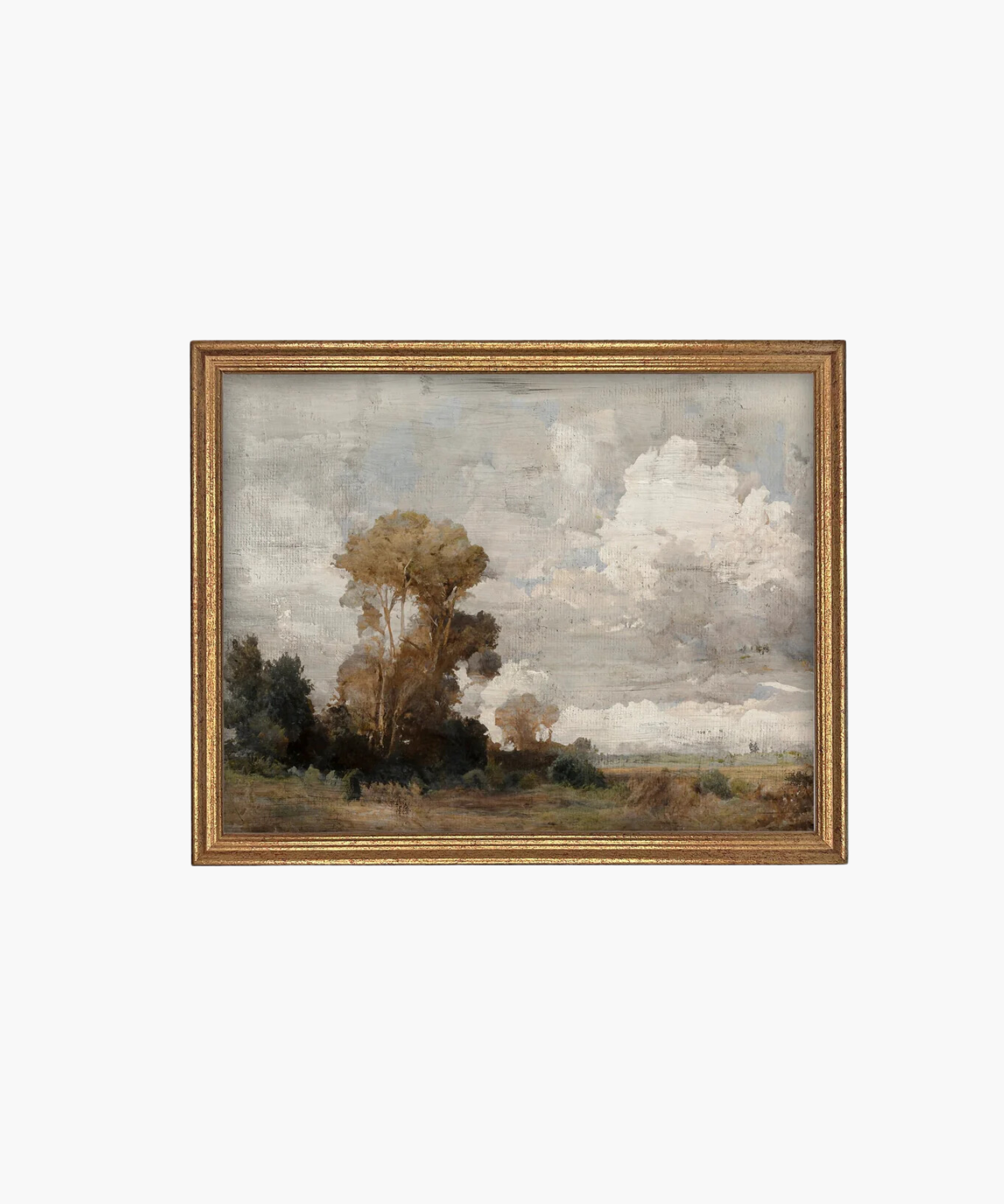 A framed landscape painting features tall trees on the left against a backdrop of expansive, cloudy skies. The scene conveys serenity and subtle drama. | S.W. Home
