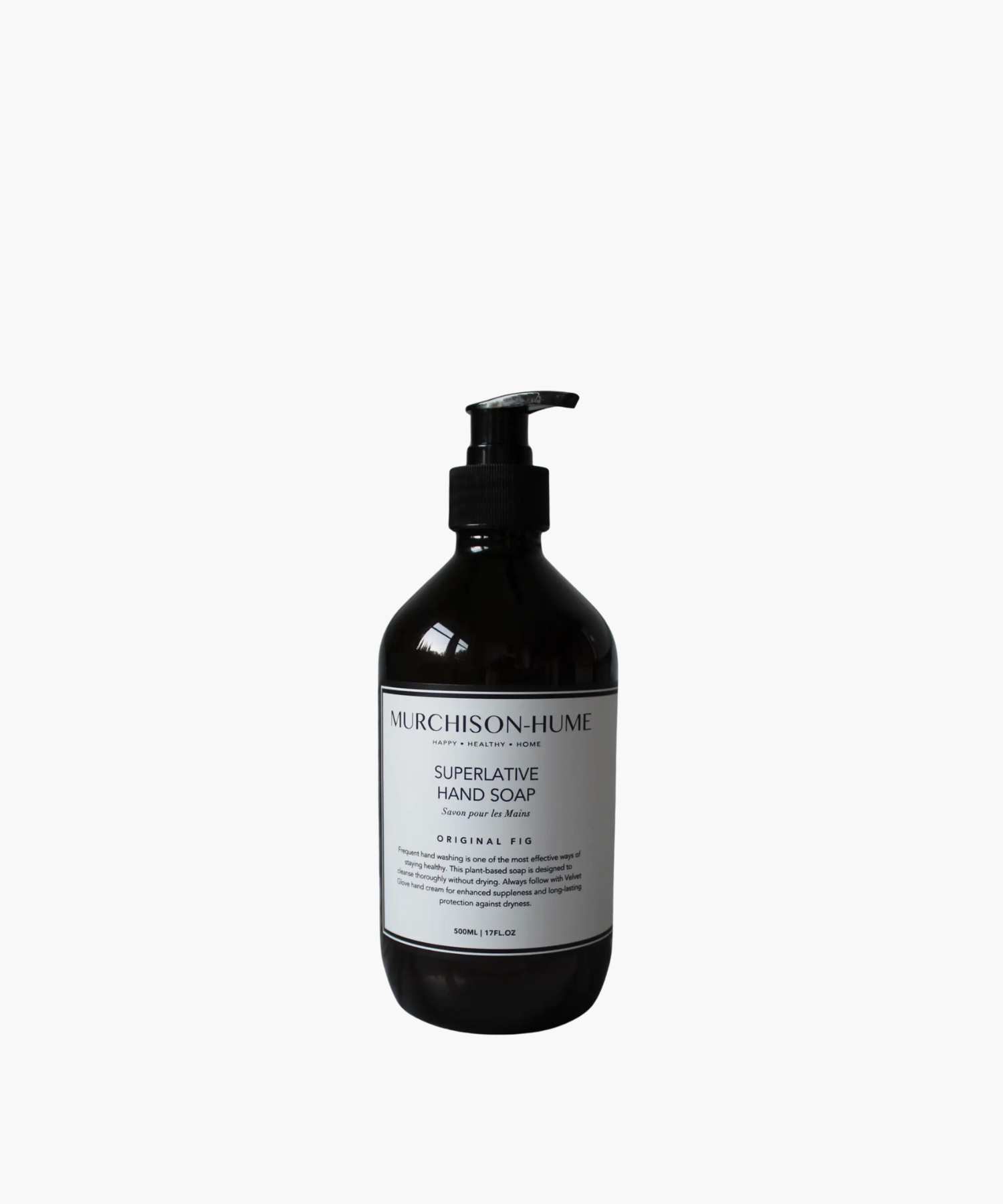 Dark bottle of Murchison-Hume Superlative Hand Soap with a pump dispenser. The label features text about the product's benefits, conveying a clean and natural vibe. | SW Home